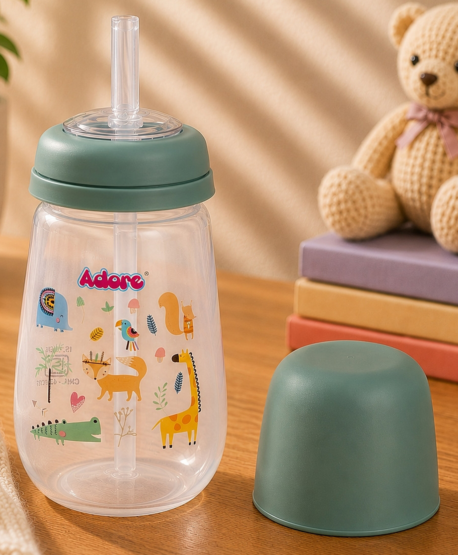 Adore Zeta Wideneck Straw Sipper with Dust Free Hood- Spill Proof- 250ml- Green-image-16
