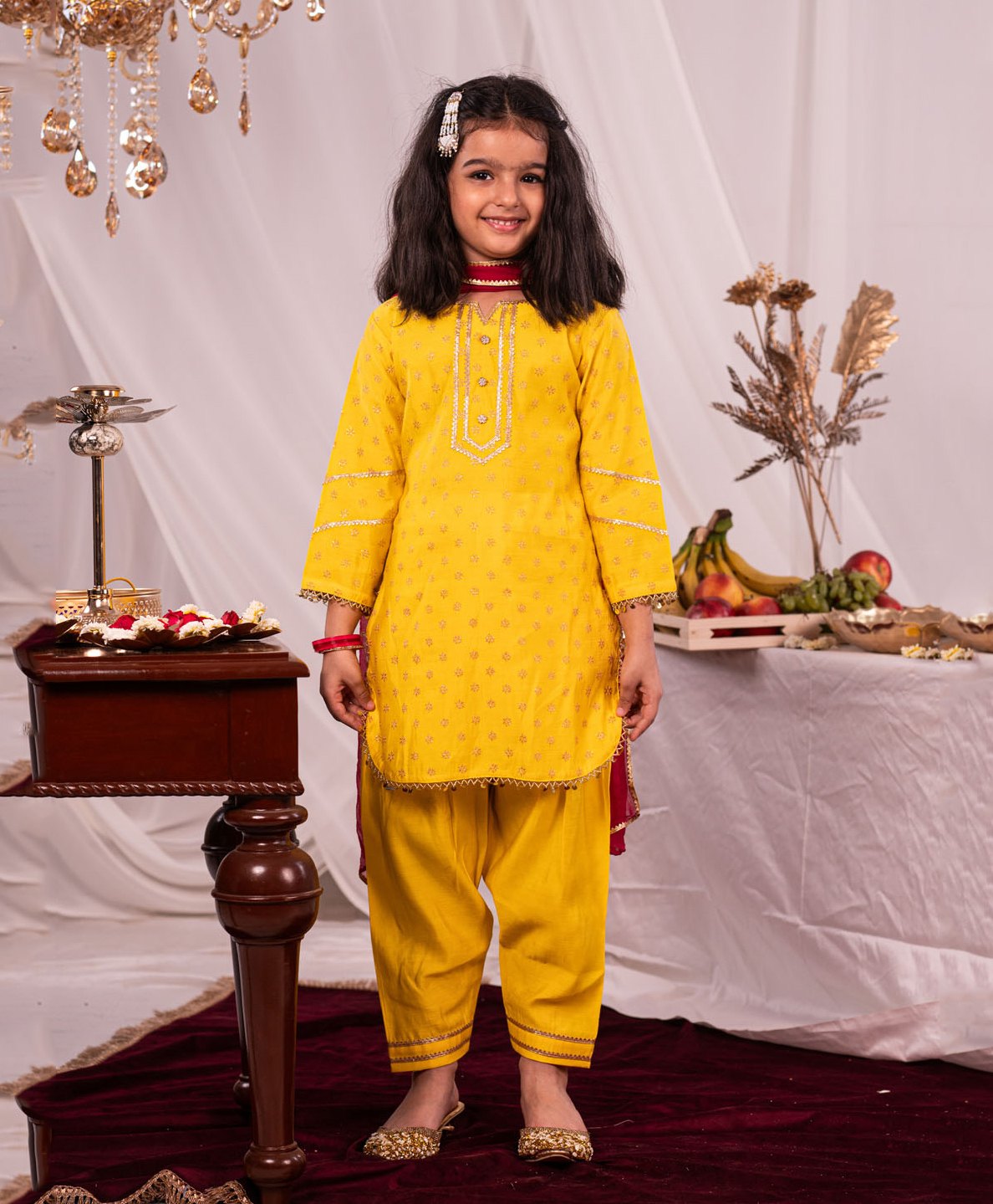 Vastramay Cotton Three Fourth Sleeves Floral Motif Printed Kurta With Patiala & Dupatta - Yellow-image-45