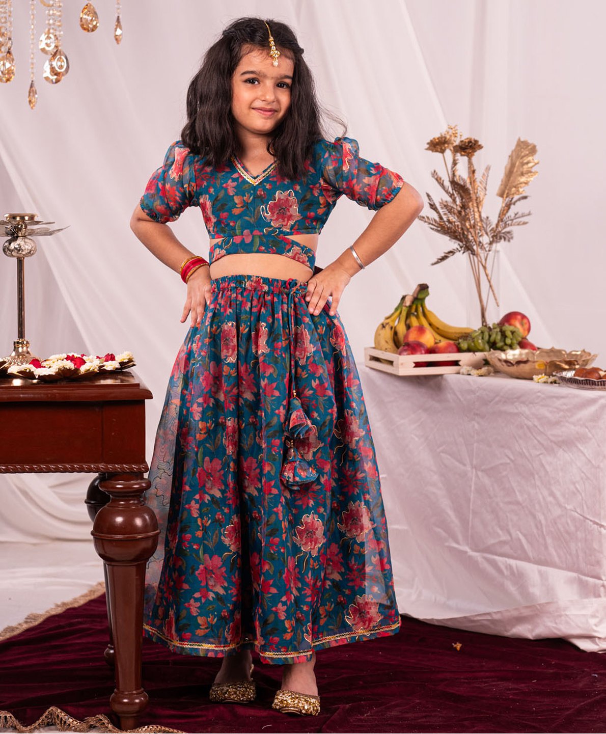 Vastramay Organza Half Sleeves Floral Printed Lehenga & Choli Set - Sea Green-image-44