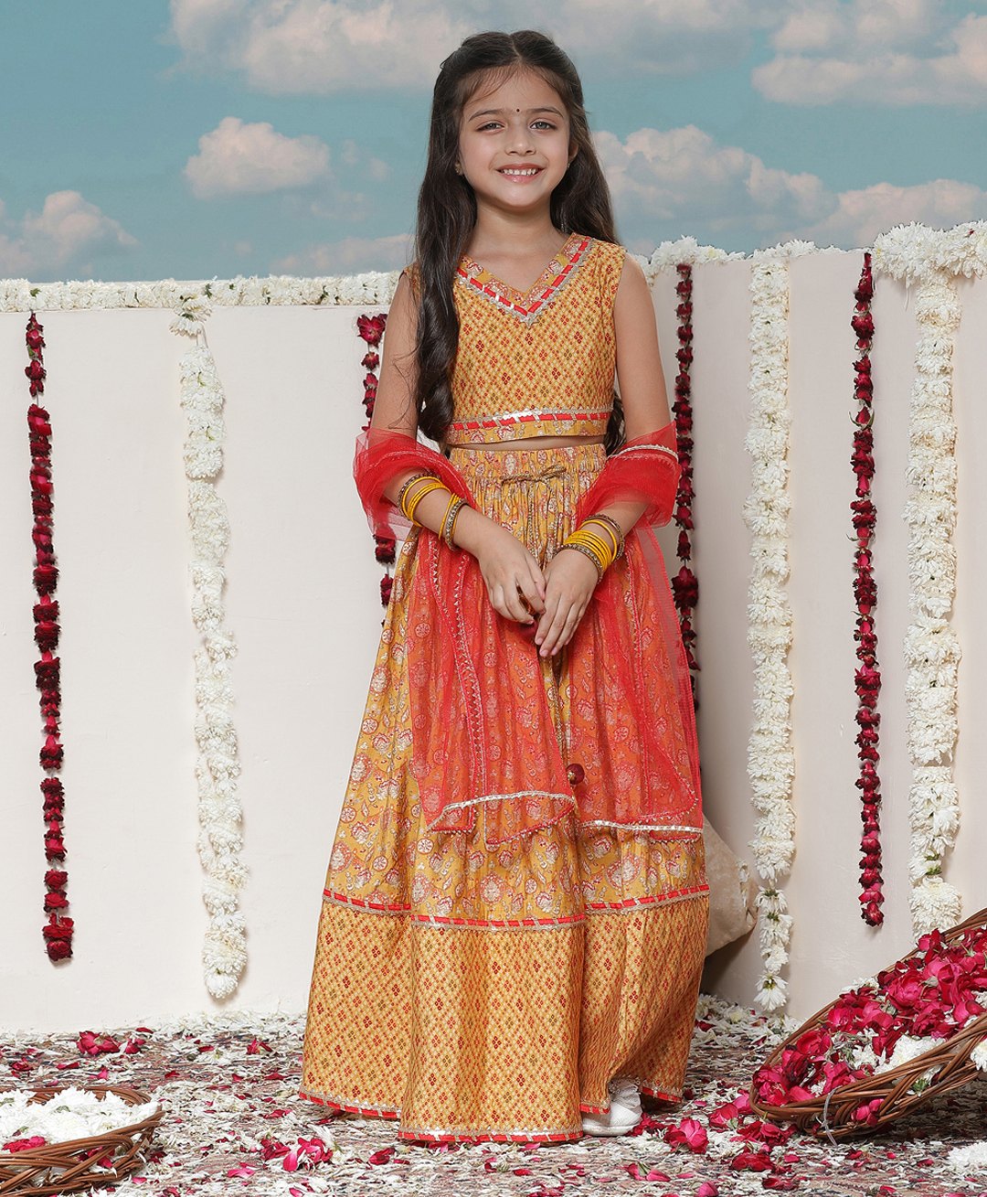 Vastramay Rayon Sleeveless Bandhani & Floral Printed Lehenga With Choli & Dupatta - Mustard Yellow-image-25