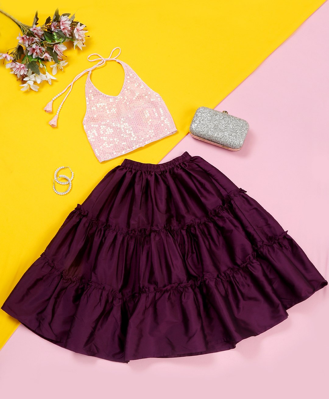 Saka Designs by Sapna Georgette Halter Neck Sequin Embellished Choli With Lehanga- Pink & Purple-picture-3