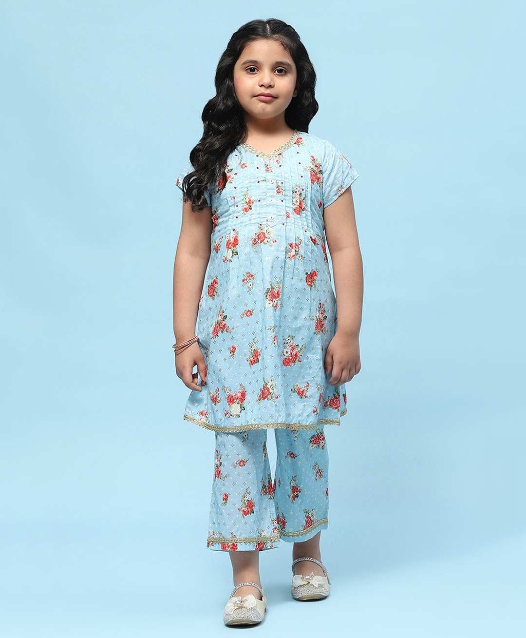 BIBA Half Sleeves Floral Printed Kurta Pant Set - Blue-picture-14