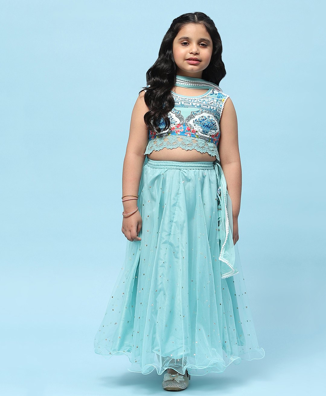 Biba Sleeveless Floral Printed Lehenga With Choli & Dupatta - Green-image-42