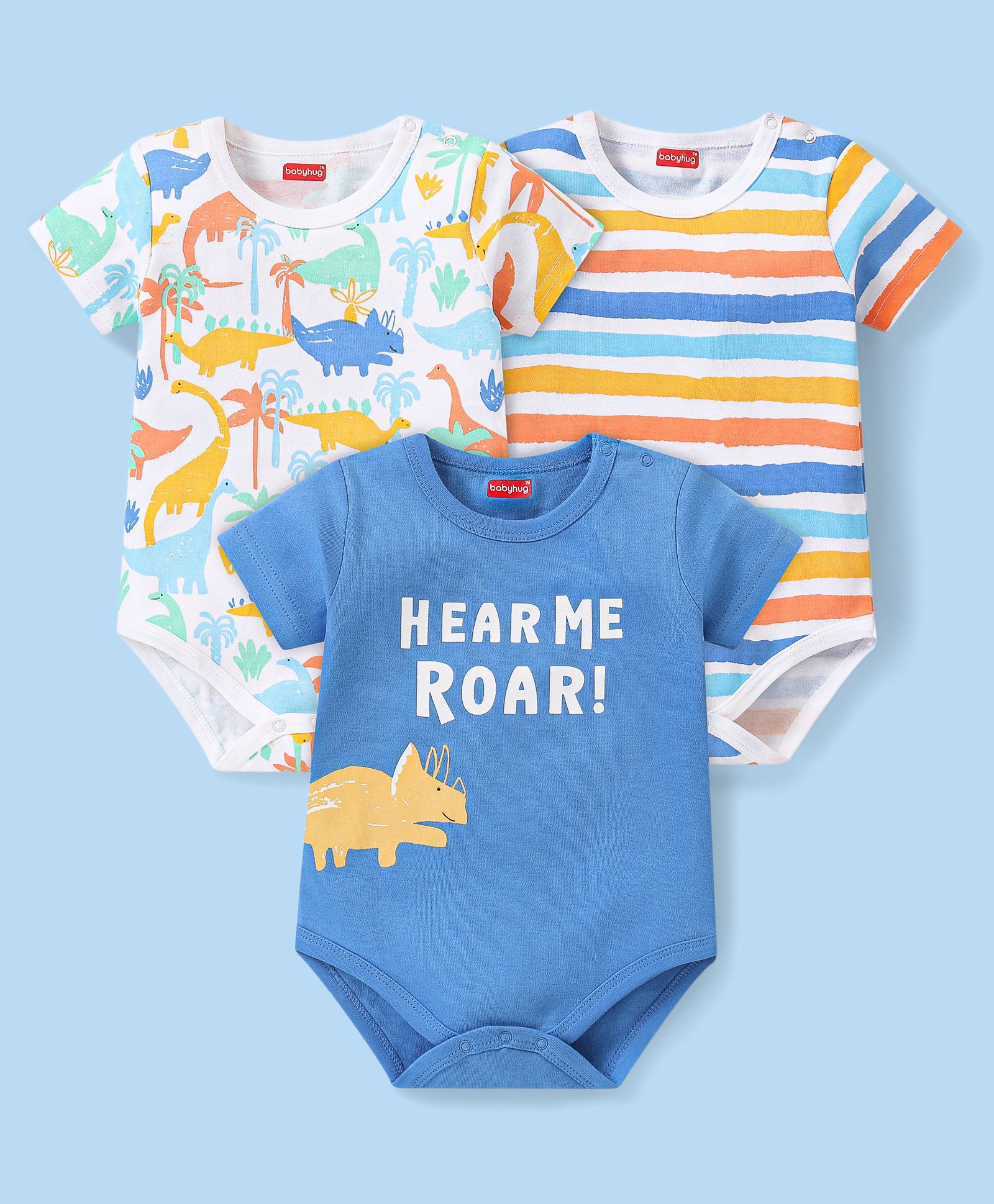 Babyhug 100% Cotton Knit Half Sleeves Onesie With Animal Print Pack of 3 - Multicolor-image-16