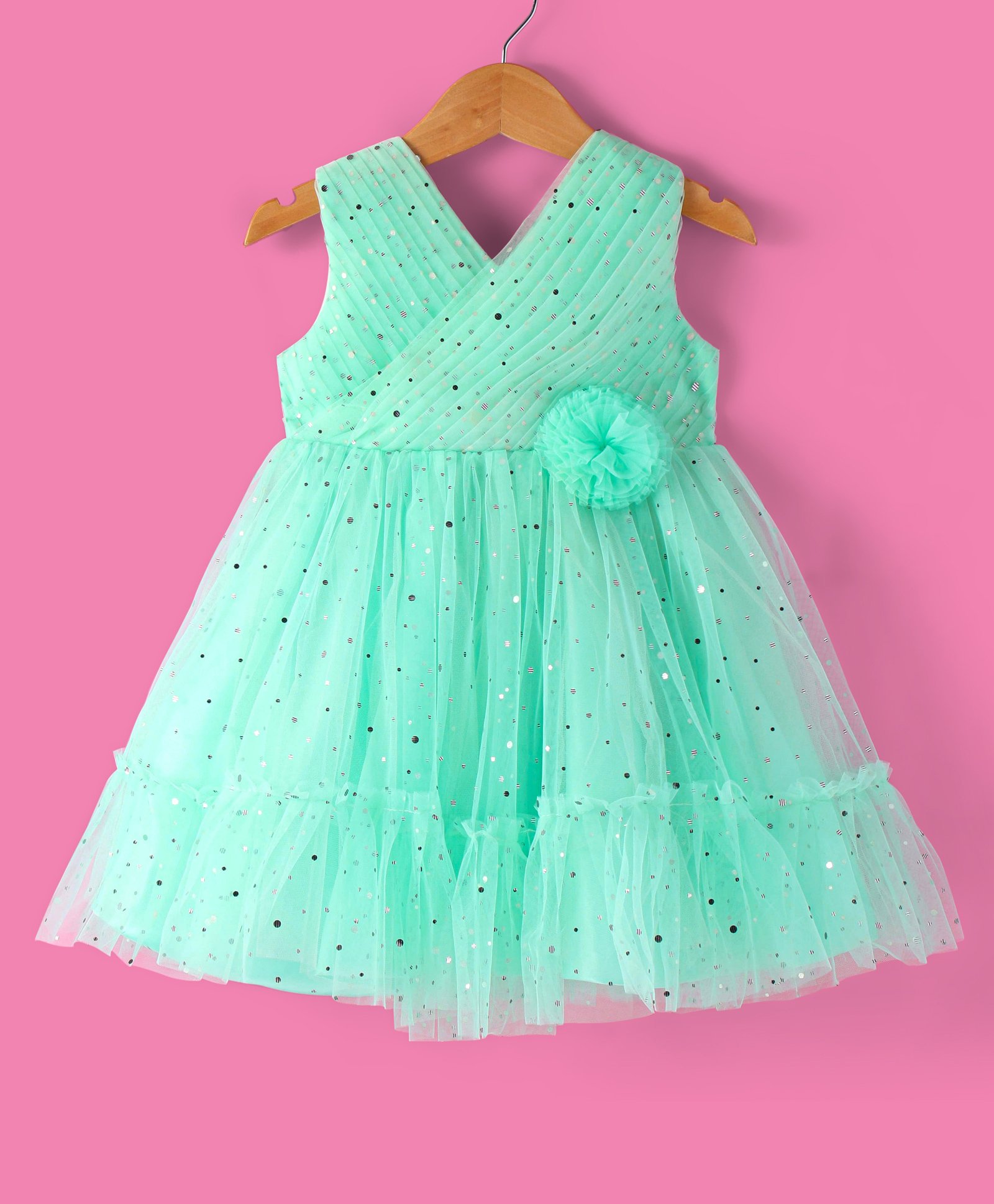 Babyhug Sleeveless Party Frock with Sequin Detailing Floral Applique - Mint-image-14