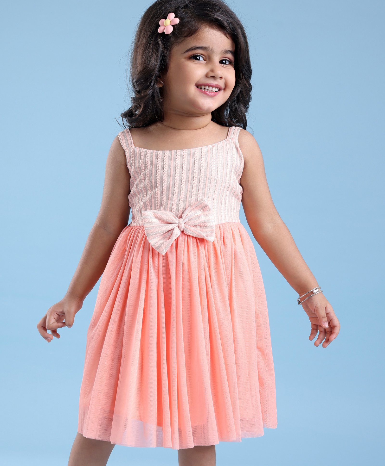 Babyhug Woven Sleeveless Fit and Flare Party Frock with Textured Yoke & Bow Applique- Peach-image-36