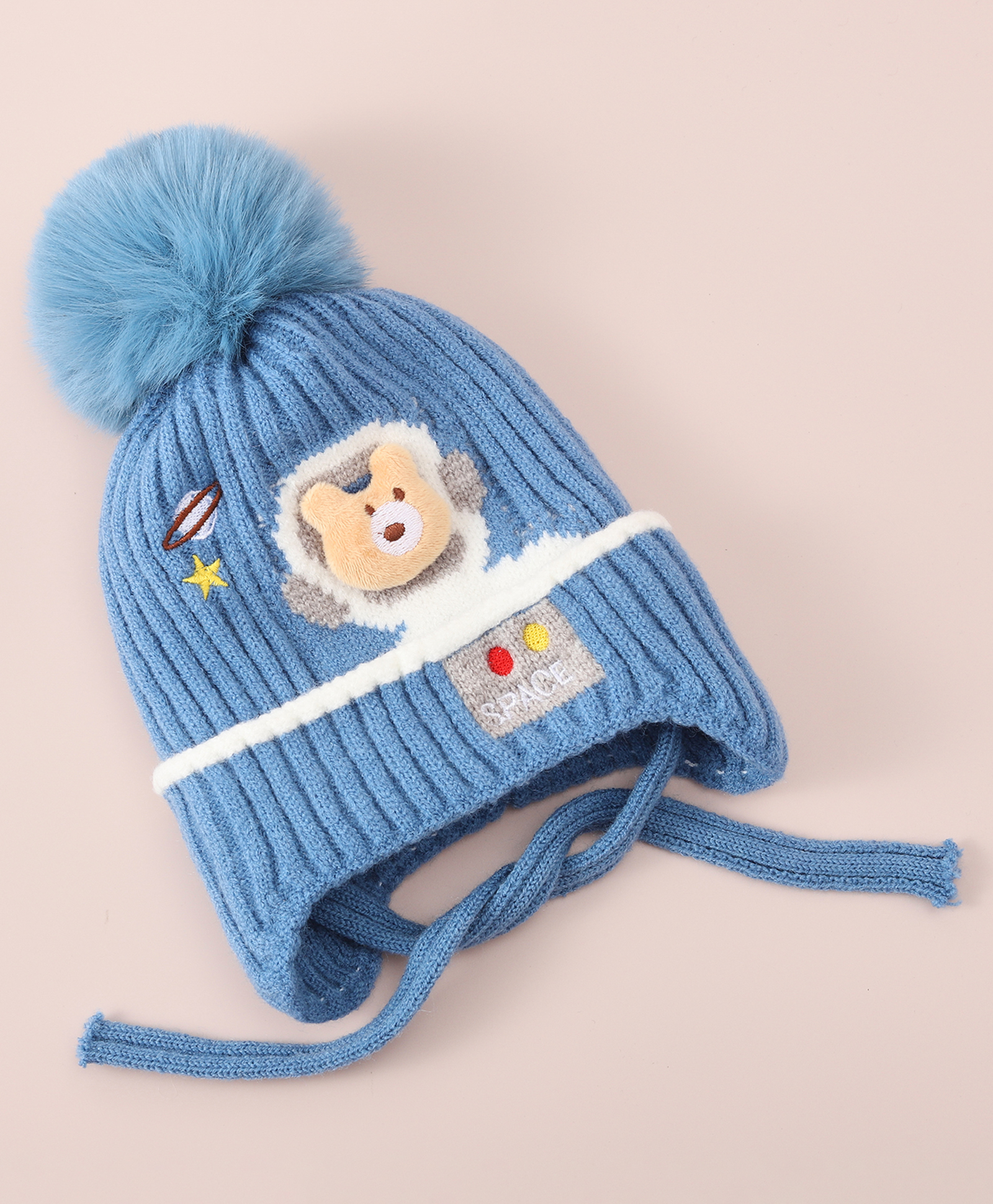 Babyhug Pom Pom Woollen Viscose Cap Teddy Design with Knot  - Blue-picture-15