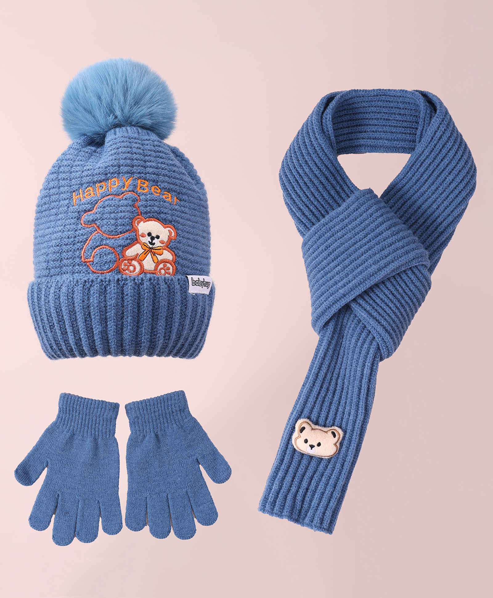 Babyhug Woolen Cap Gloves & Muffler Set Bear Design - Blue-picture-11