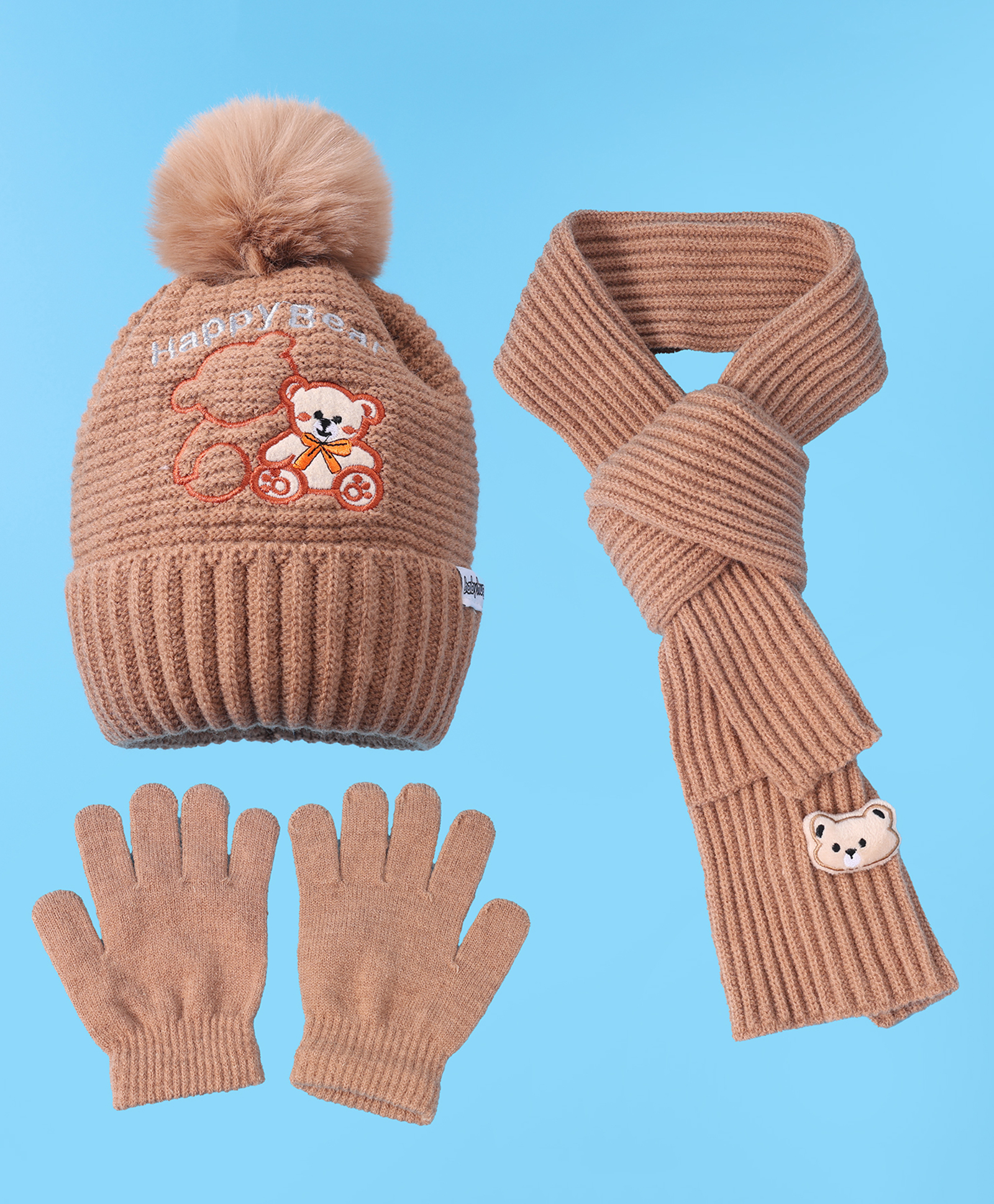 Babyhug Woolen Cap Gloves & Muffler Set Bear Design - Brown-image-33