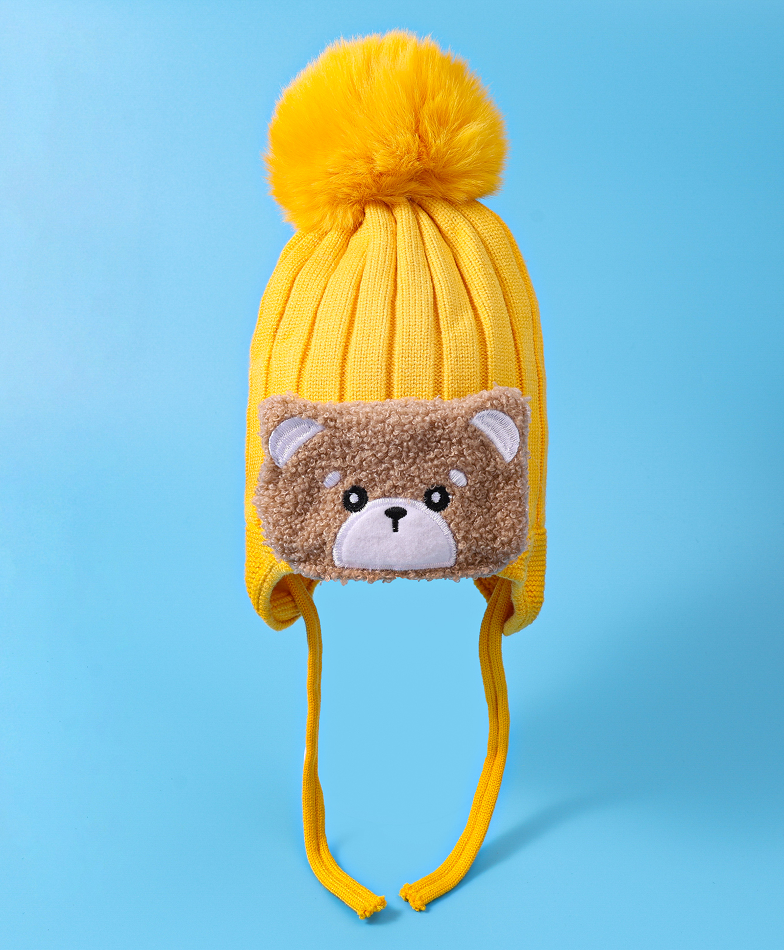 Babyhug Woollen Cap With Knot Bear Applique - Yellow-image-49