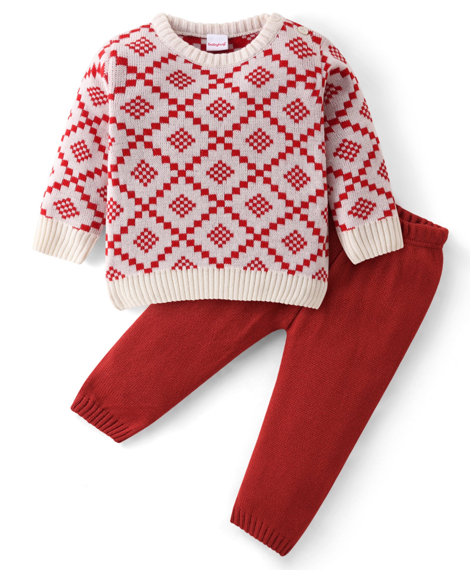 Babyhug Knitted Full Sleeves Sweater Set with Argyle Design - Red & White-picture-20