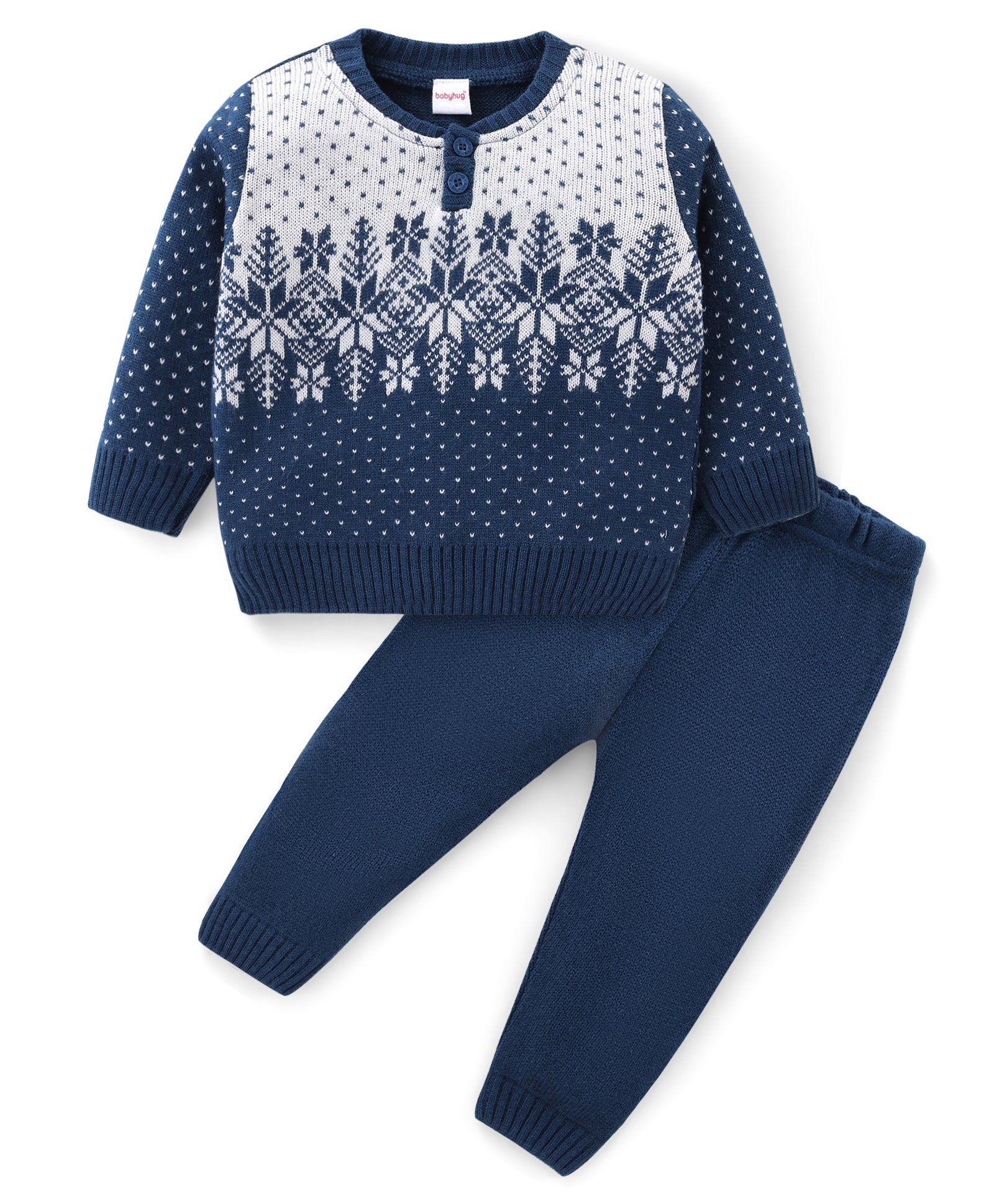 Babyhug Knit Full Sleeves Sweater Set with Snowflake Design - Navy Blue-picture-21