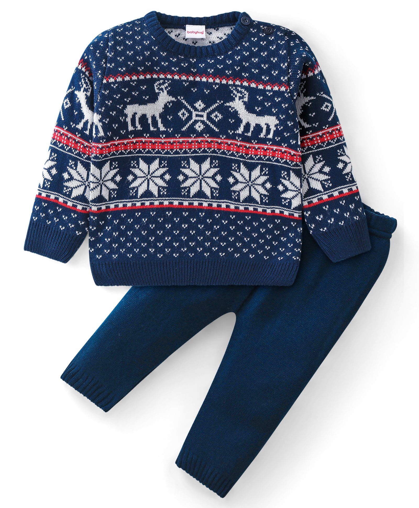 Babyhug Knitted Full Sleeves Sweater Set with Reindeer Design - Navy-picture-14