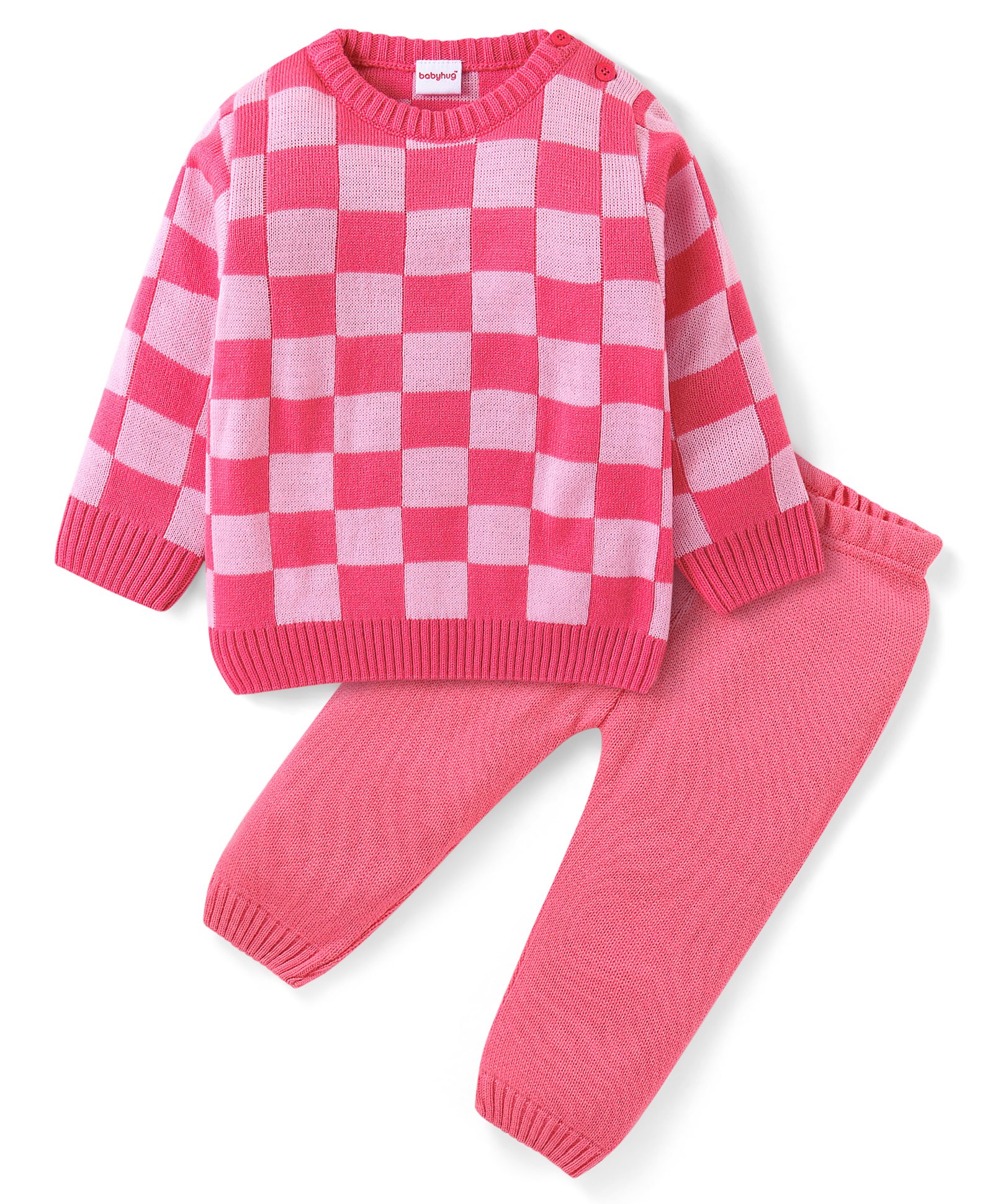 Babyhug Knitted Full Sleeves Checkered Sweater Set - Pink-image-44
