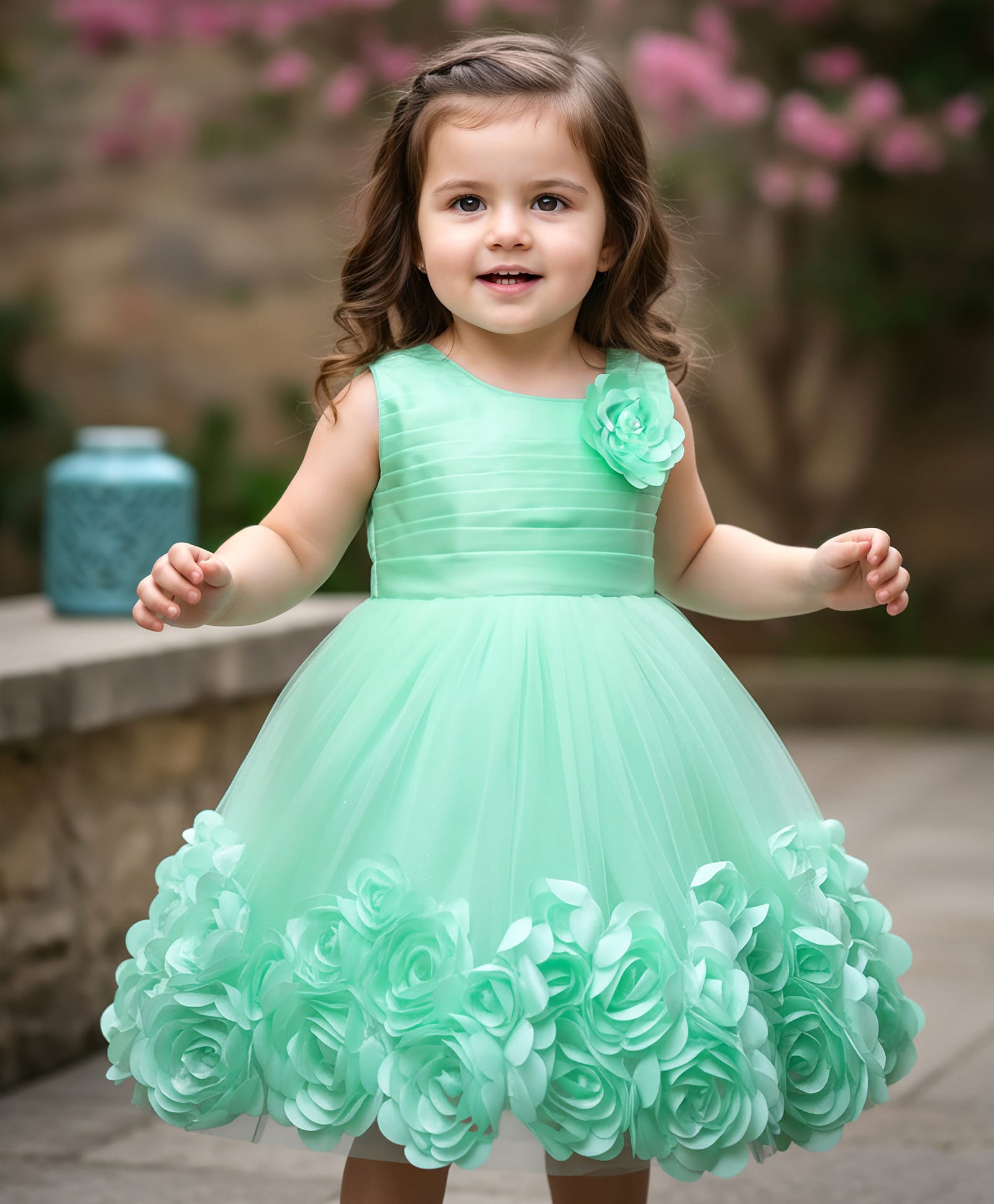 Babyhug Sleeveless  Rosette Applique Fit & Flared Party Frock - Mint-image-5
