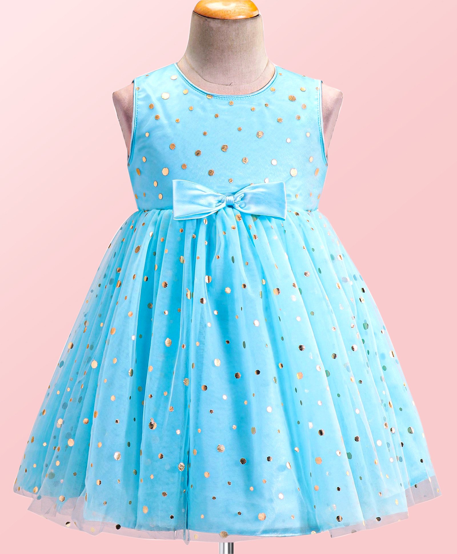 Babyhug Woven Sleeveless  Polka Dress with Bow Applique - Blue-image-39
