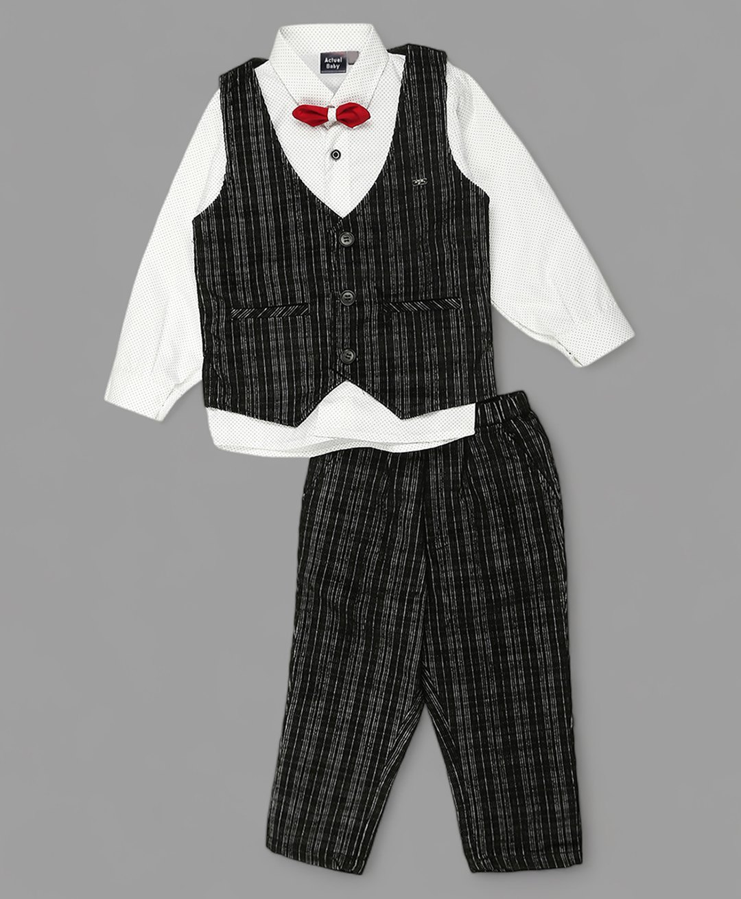 Actuel Full Sleeves Polka Dots Printed & Striped 4 Piece Party Suit - Black & White-picture-10