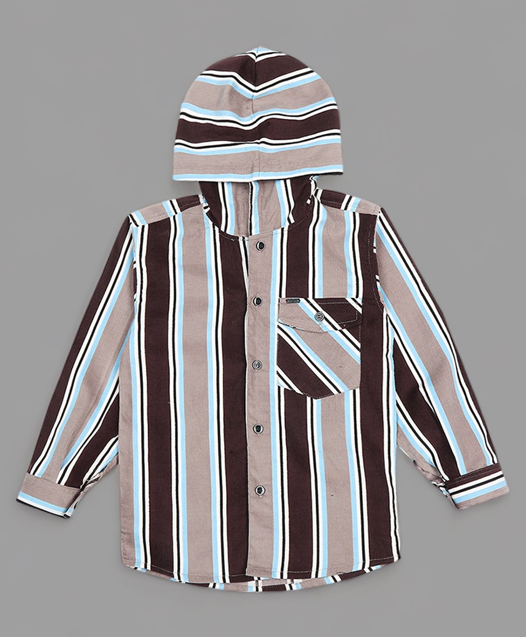 Actuel Full Sleeves Striped Cotton Hooded Shirt - Beige Brown & Blue-image-47