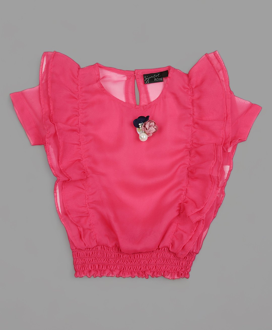 Actuel Georgette Frill Sleeves Flower Embellished Top With Cotton Lycra Solid Spaghetti - Dark Pink & Cream-image-49