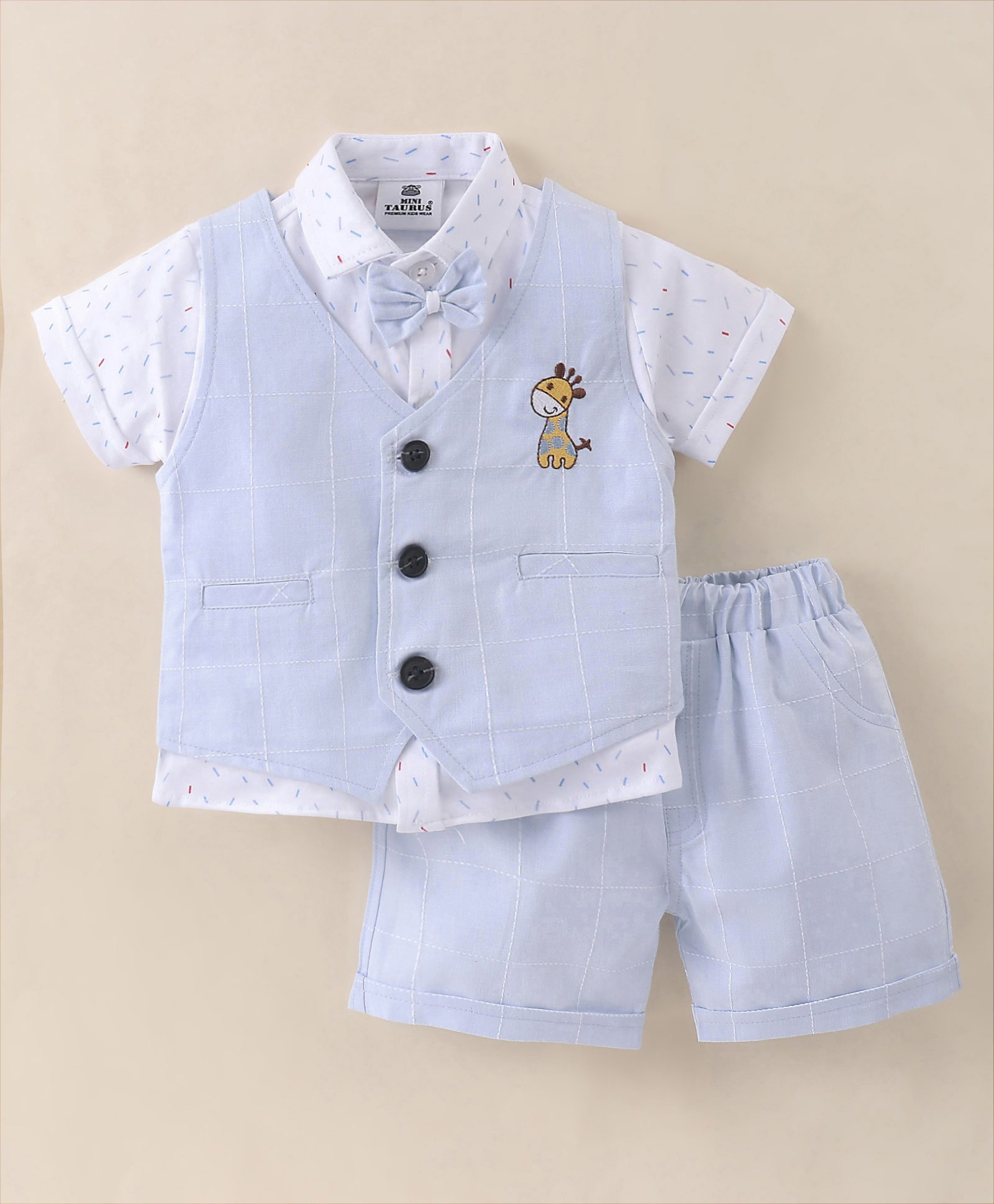 Mini Taurus Cotton Knit Half Sleeves Printed Party Shirt & Short Set with Checked Waist Coat & Bow Applique - Sky Blue-image-35