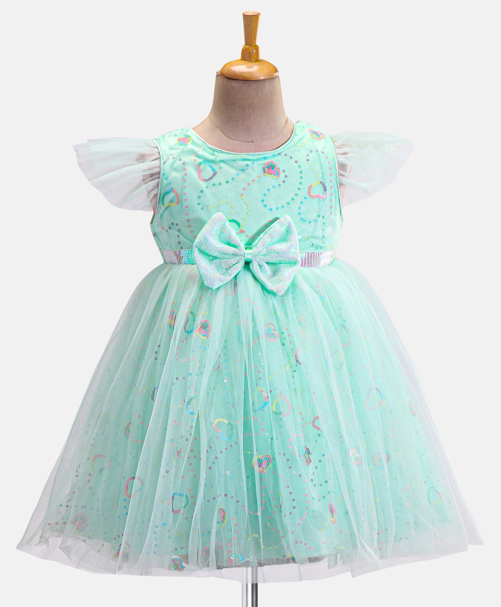 Babyhug Woven Frill Sleeves Dress With Sequins  Detailing & Bow Applique - Mint-image-34