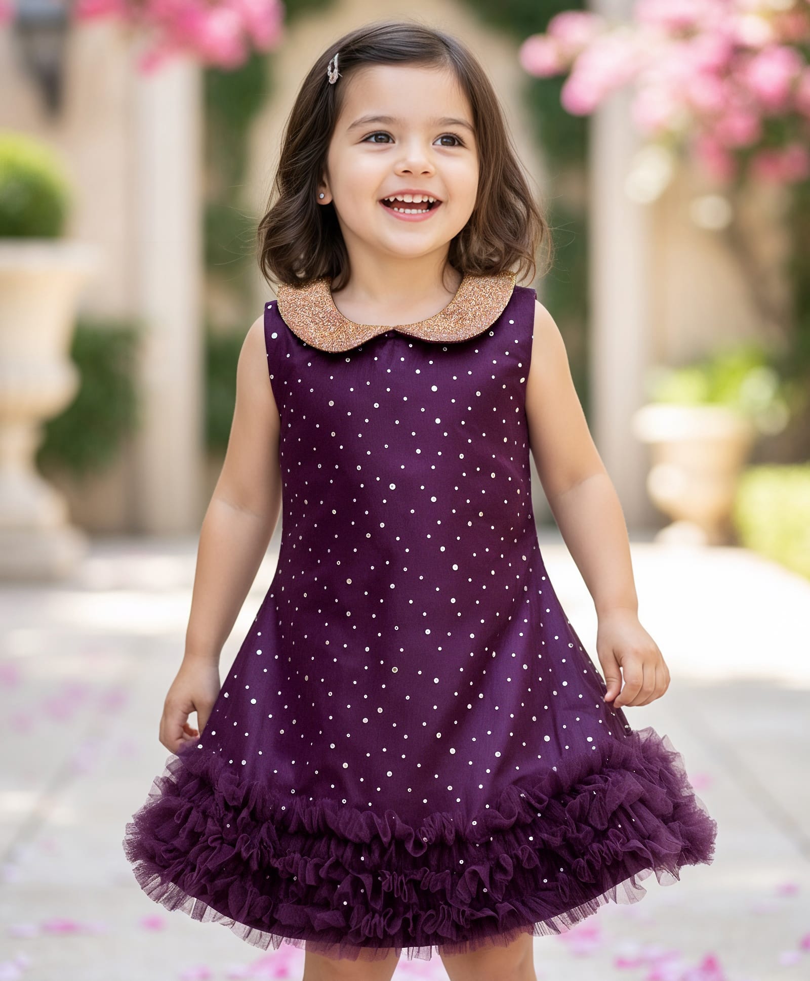 Babyhug Woven Sleeveless A Line Dress With Peter Pan Collar & Ruffles Detailing - Dark Purple-image-24