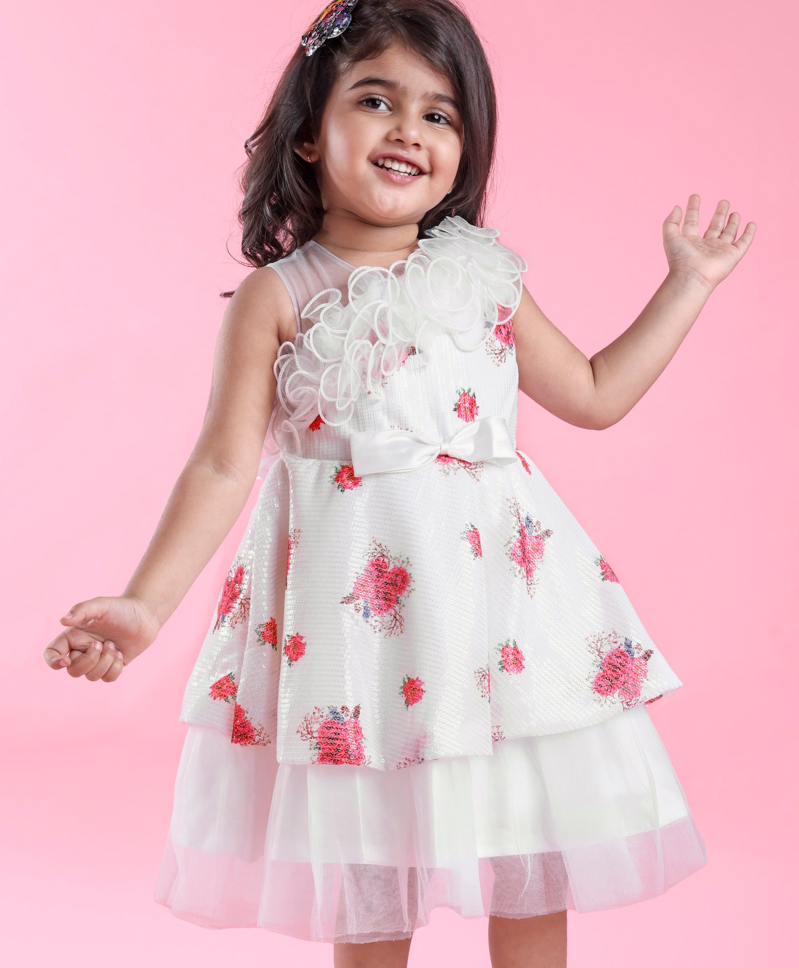 Babyhug One Shoulder Sleeves Fit & Flared Party Frock with Sequin Ruffle & Bow Detailing  Floral Print - White-image-44