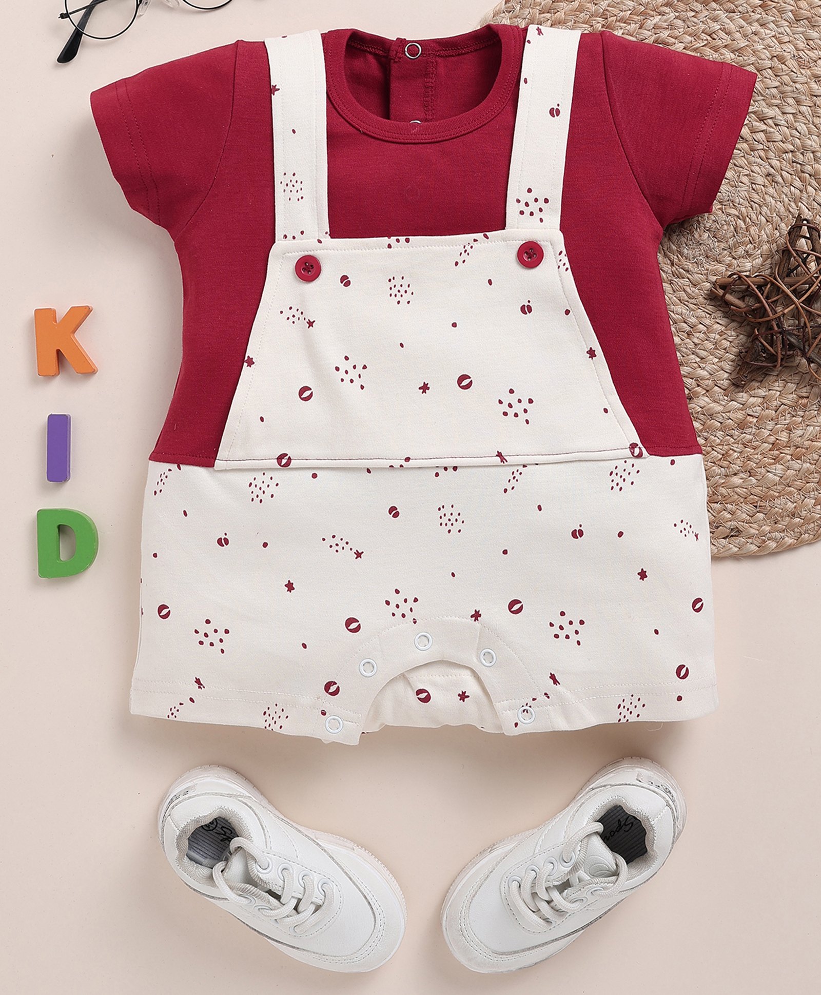 TOONYPORT Abstract Printed Dungaree With Half Sleeves Solid Tee - Red-image-8