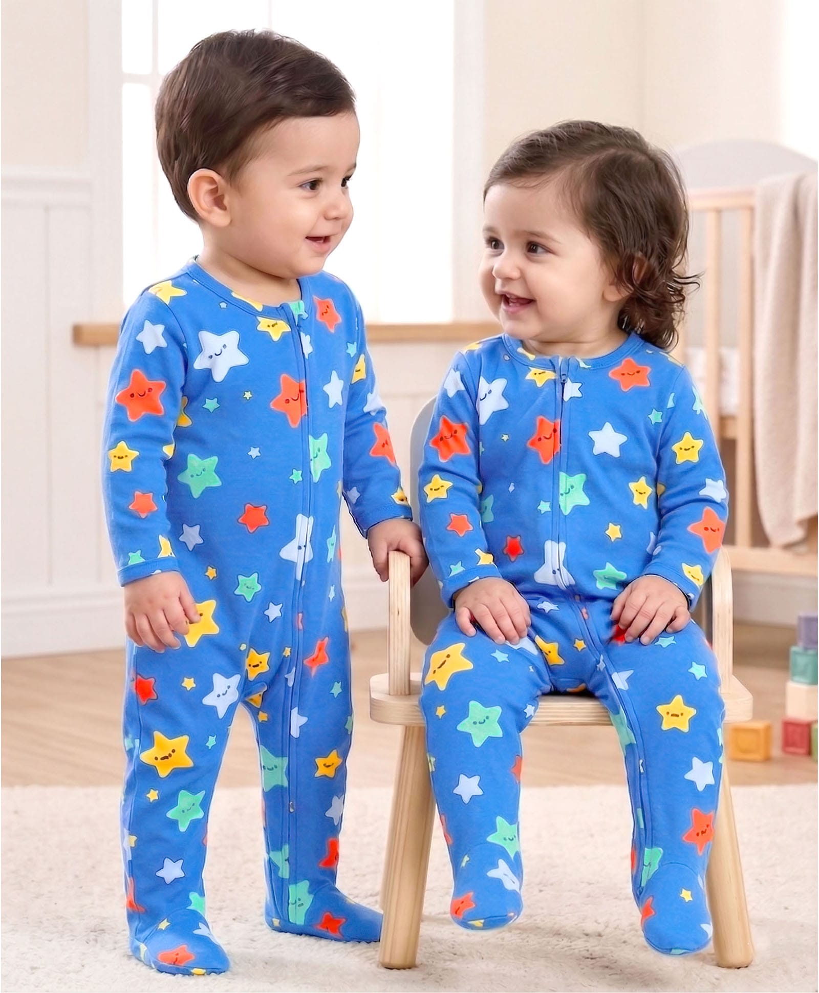 Babyhug Interlock Knit Full Sleeves Sleepsuit with Star Print - Blue-picture-22