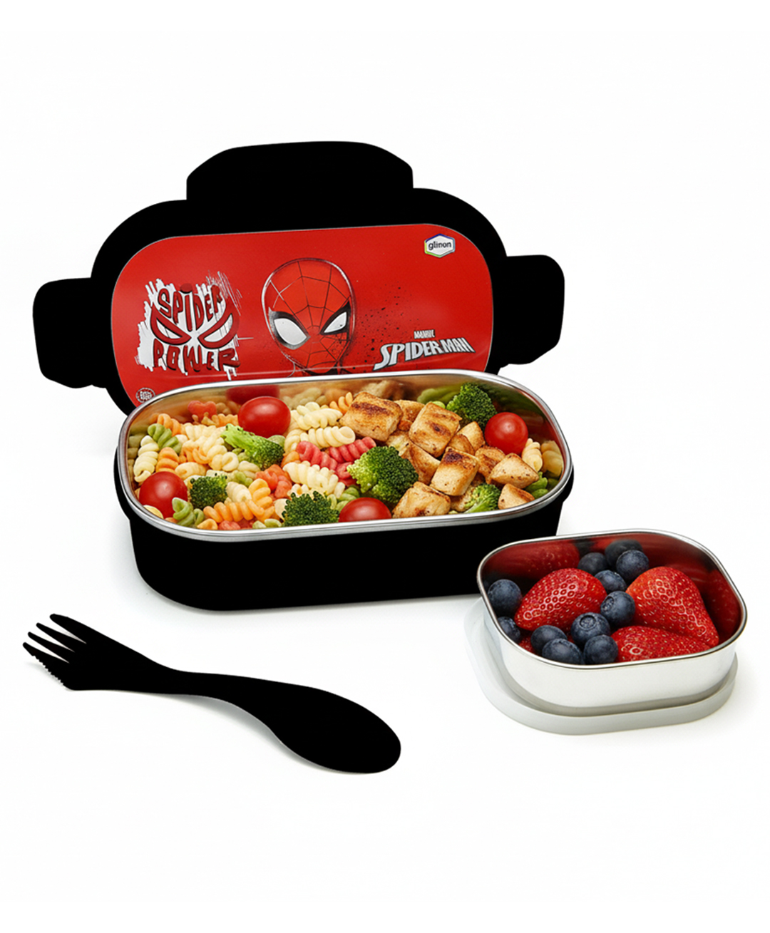 Gluman by  Disney   Snack Pack with Removable Inner Stainless Steel Lunch Box with Spoon & Fork Spiderman Theme Print -  Red & Black-image-37