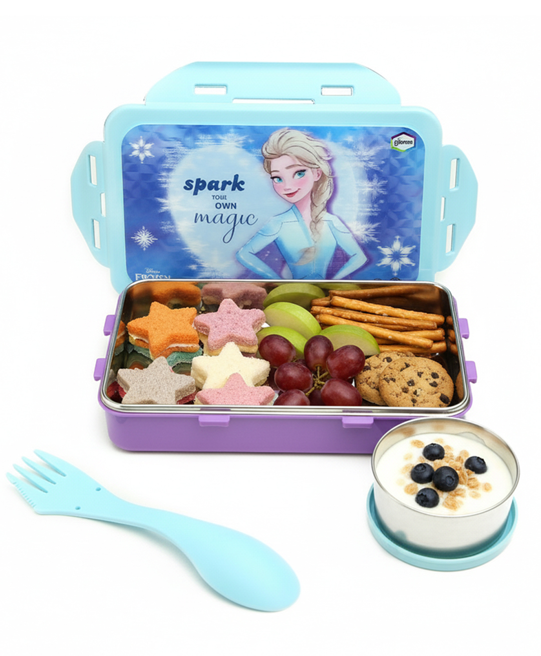 Disney by Gluman Snack Pack with Removable Inner Stainless Steel Lunch Box with Spoon & Fork Frozen Theme Print -Blue & Purple-image-49