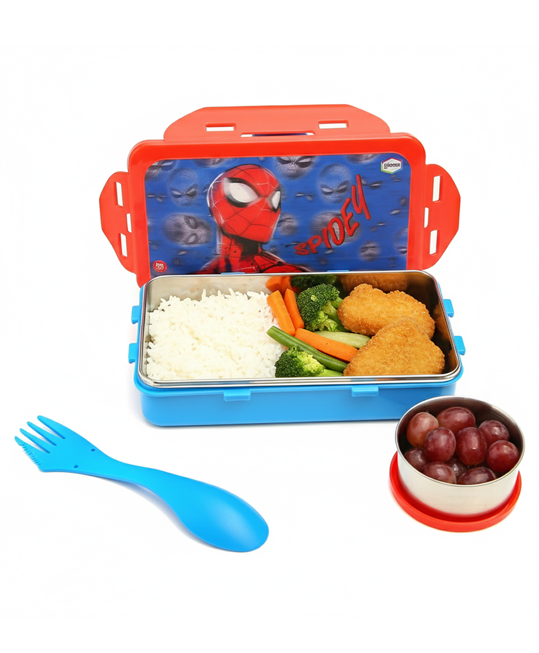 Gluman by Disney Snack Pack with Removable Inner Stainless Steel Lunch Box with Spoon & Fork Spiderman Theme Print - Red & Blue-image-32