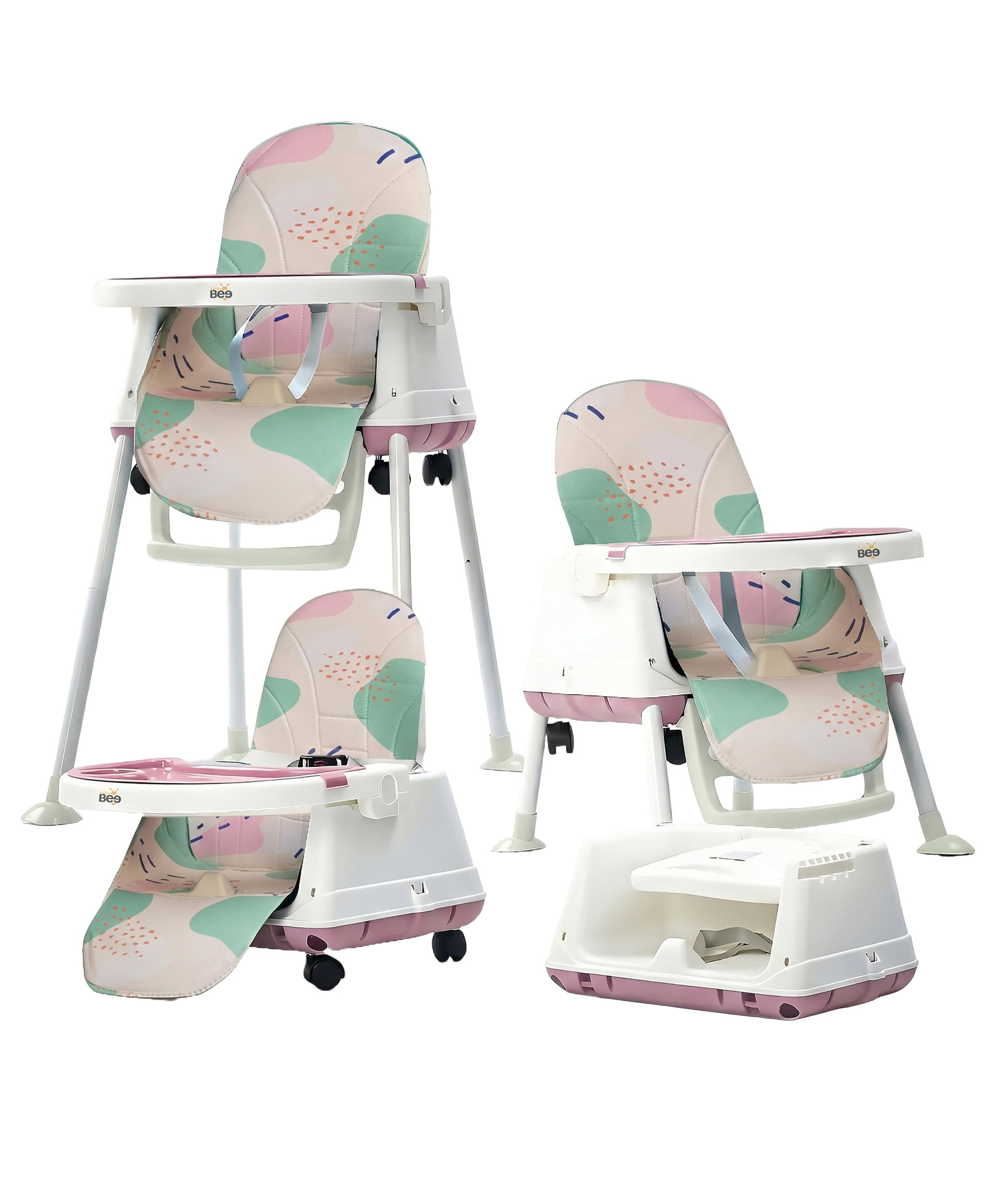 Golden Bee Deluxe 4 in 1 Convertible High Chair for Babies and Toddlers, Feeding Seat with Tray, Wheels, Safety Belt, and Cushion Seat, For Baby Boy & Girl 6 Months to 3 Years (Pink)-picture-22