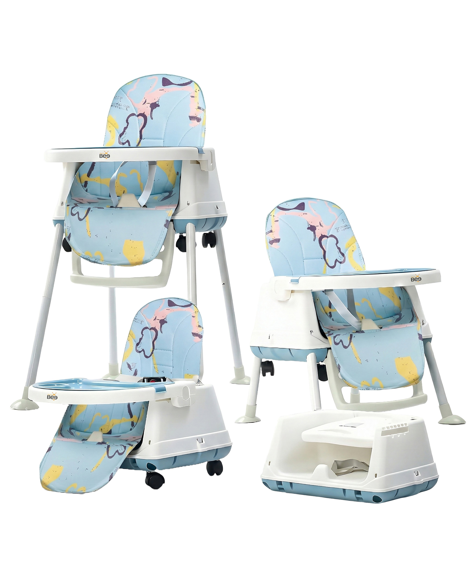 Golden Bee Deluxe 4 in 1 Convertible High Chair for Babies and Toddlers, Feeding Seat with Tray, Wheels, Safety Belt, and Cushion Seat, For Baby Boy & Girl 6 Months to 3 Years (Sky Blue)
