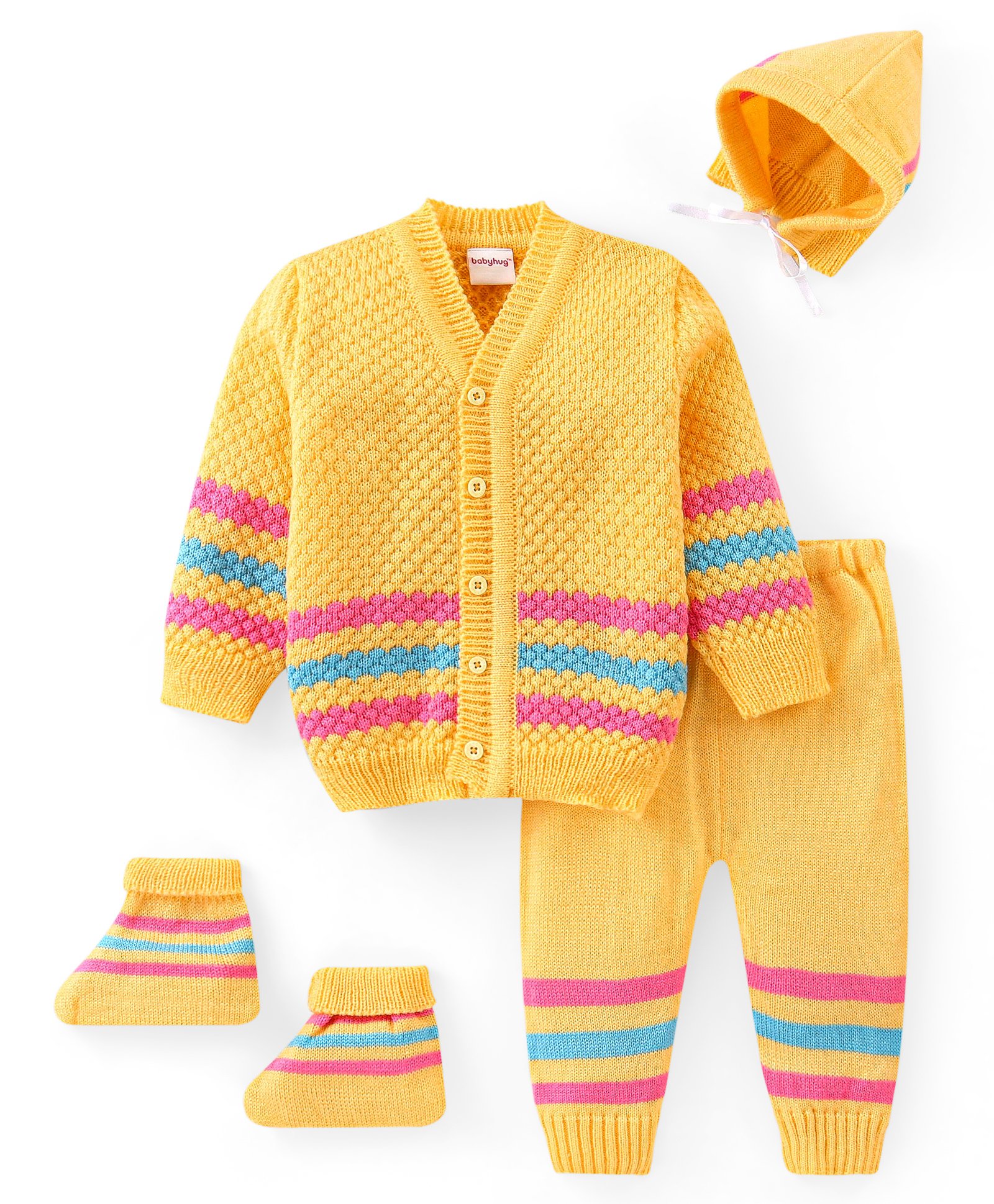 Babyhug Knit Full Sleeves Striped Front Open Sweater & Pant Set with Cap and Booties - Yellow-picture-22