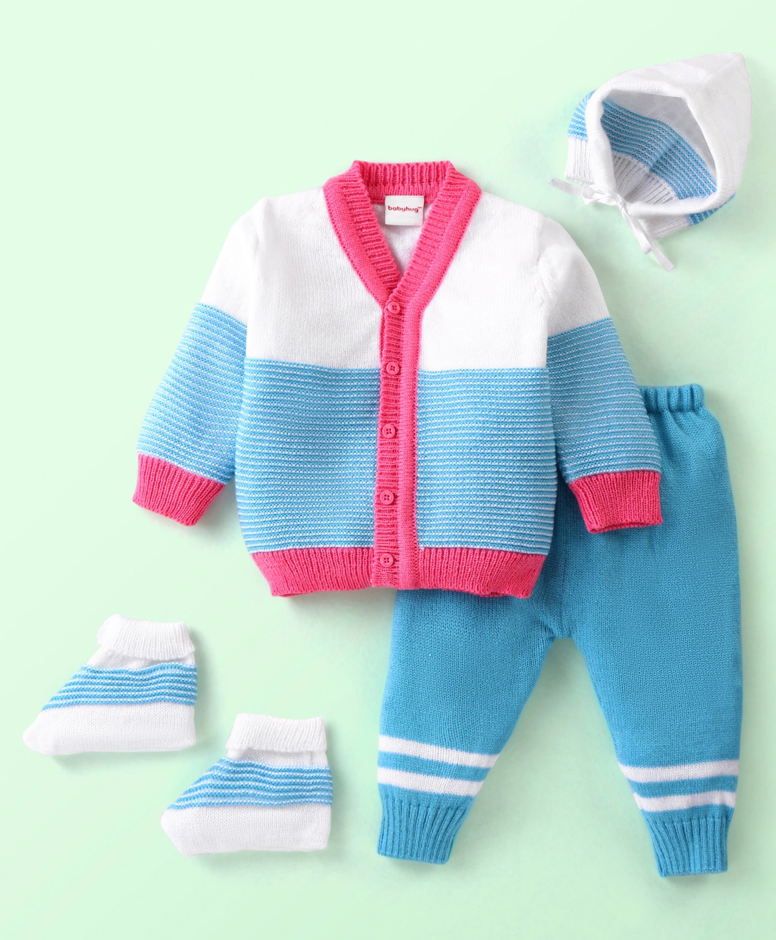 Babyhug Knitted Full Sleeves Color Blocked Baby Sweater Set with Cap & Booties- Pink & Blue-image-49
