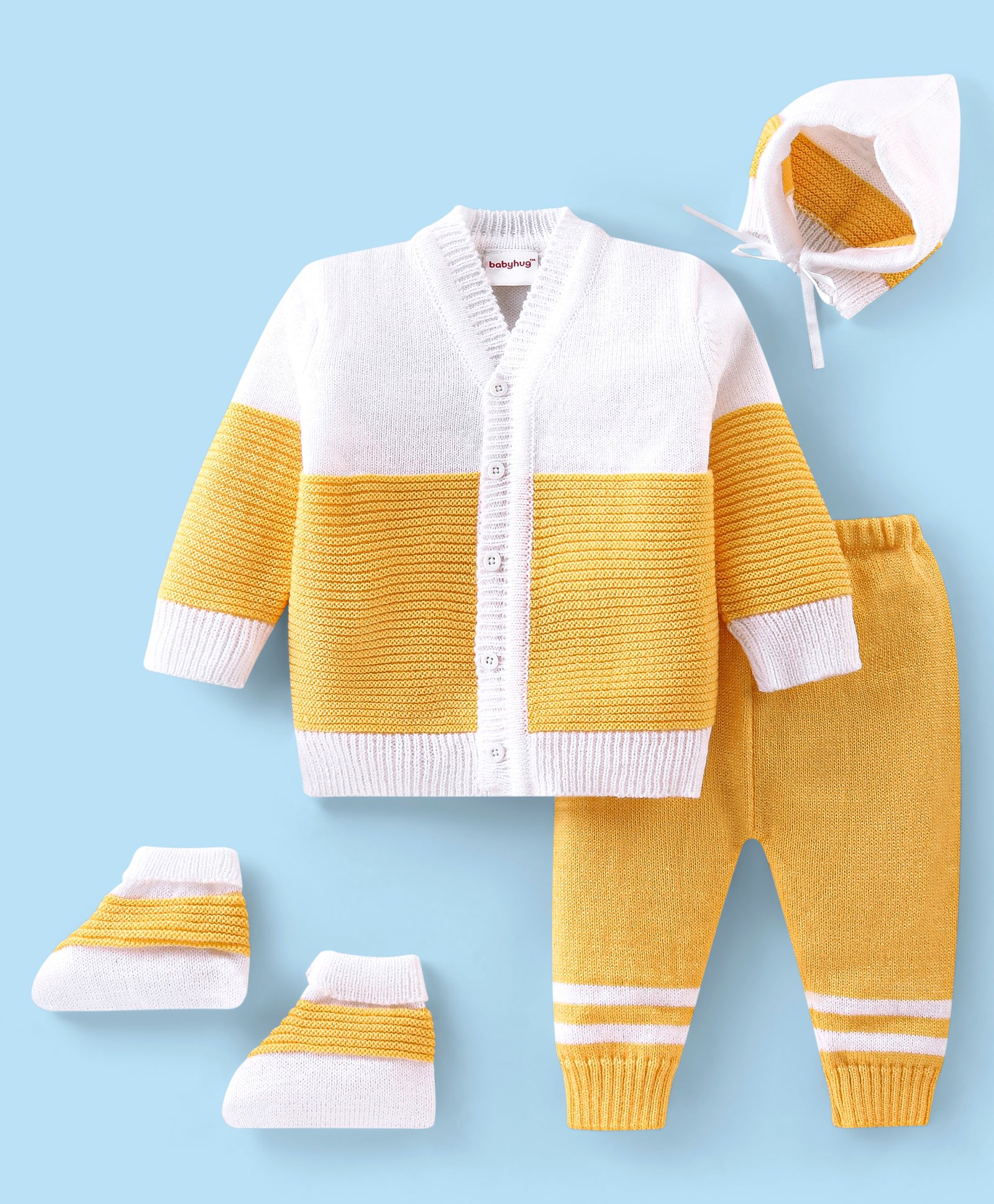 Babyhug Knitted Full Sleeves Color Blocked Baby Sweater Set with Cap & Booties - White & Yellow-image-40