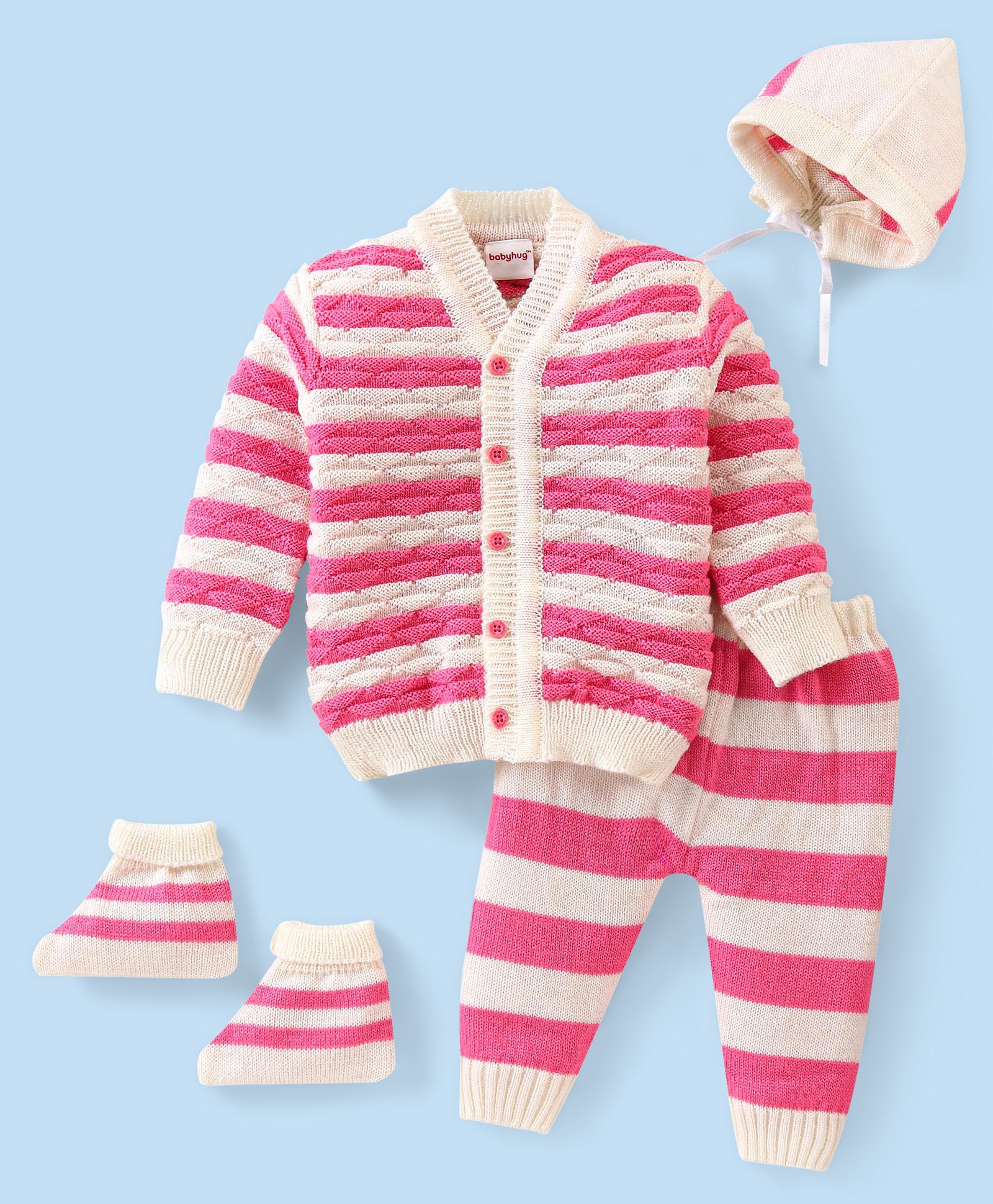 Babyhug Knitted Full Sleeves Striped Baby Sweater Set with Cap & Booties - White & Pink-image-11