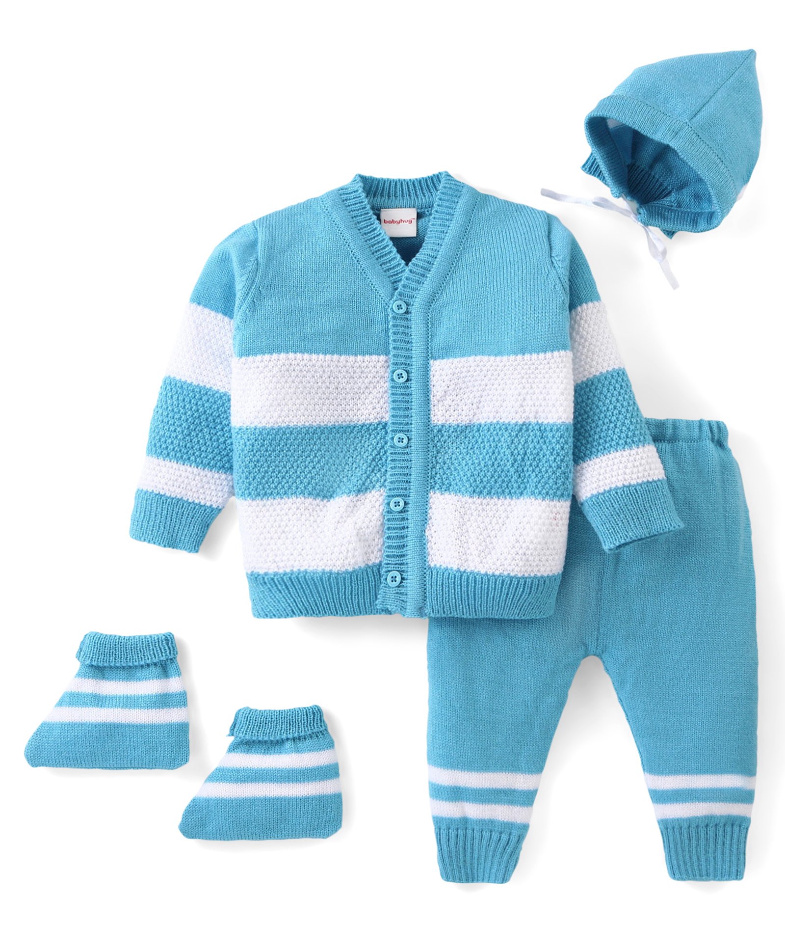 Babyhug Knitted Full Sleeves Striped Sweater Set with Cap & Booties - Blue-picture-24