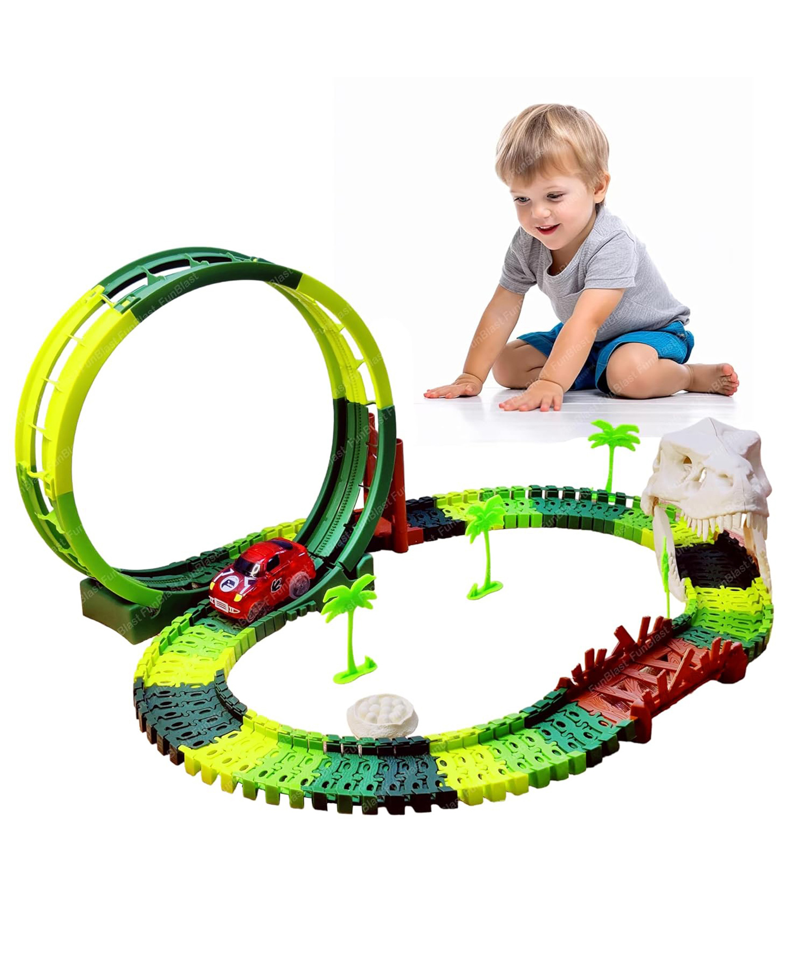 FunBlast Dinosaur Theme Flexible Track Racing Toy Set with LED Racing Car  110 Pcs-picture-10