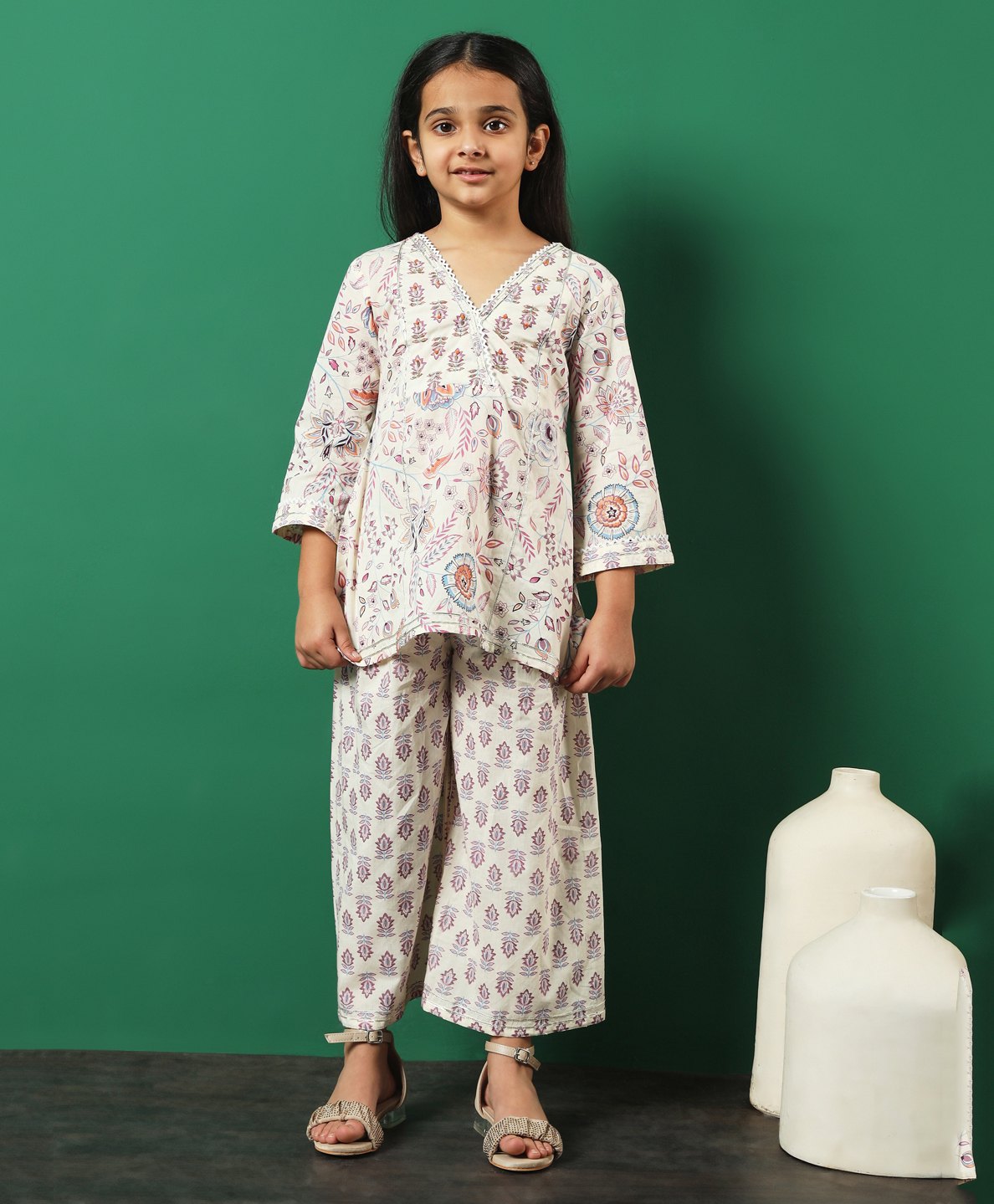 READIPRINT Three Fourth Sleeves Floral Printed & Gota Lace Embellished Coordinating Kurta & Palazzo - Cream-picture-23