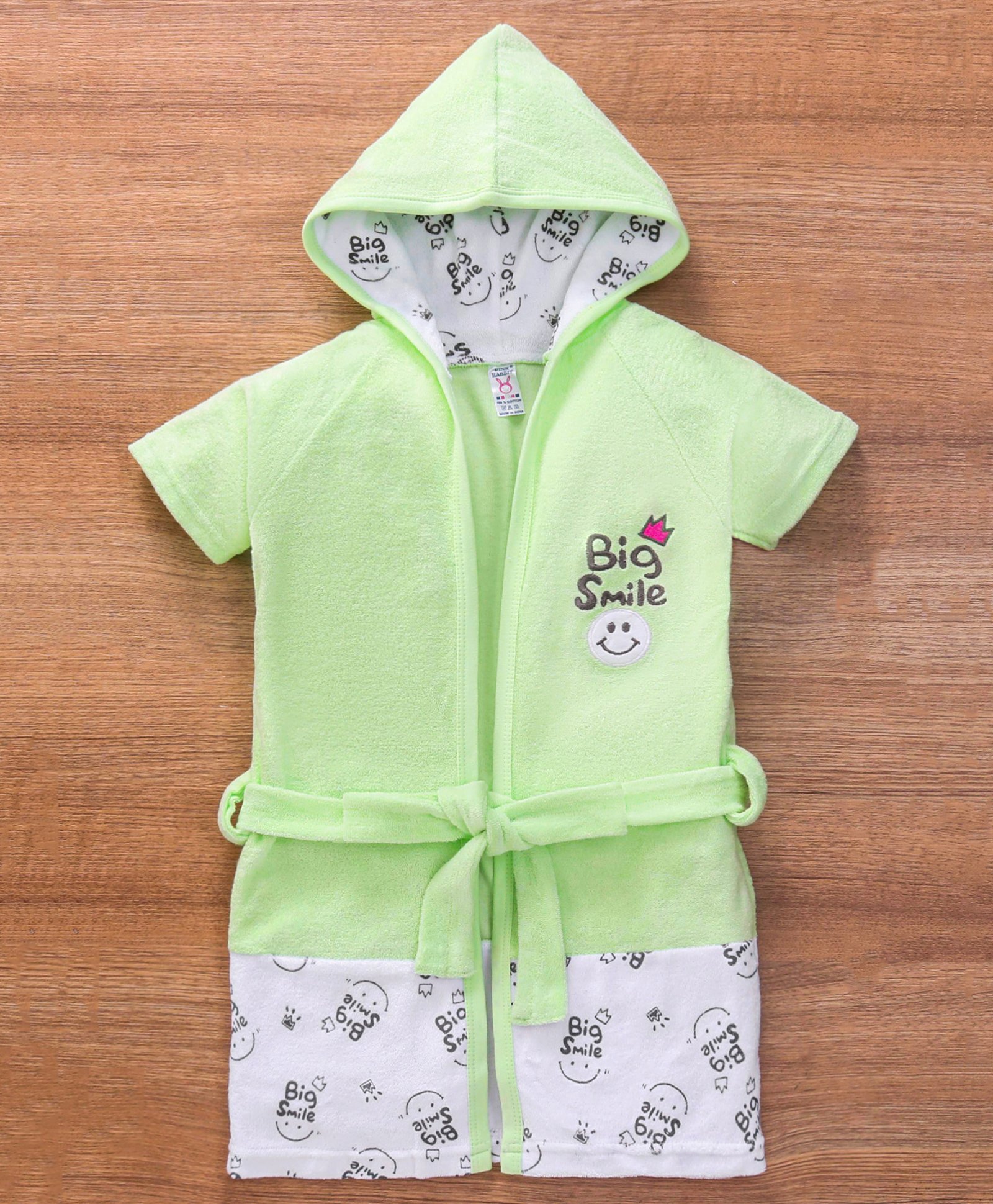 Pink Rabbit Terry Half Sleeves Hooded Bath Robe Big Smile Print - Green-picture-0