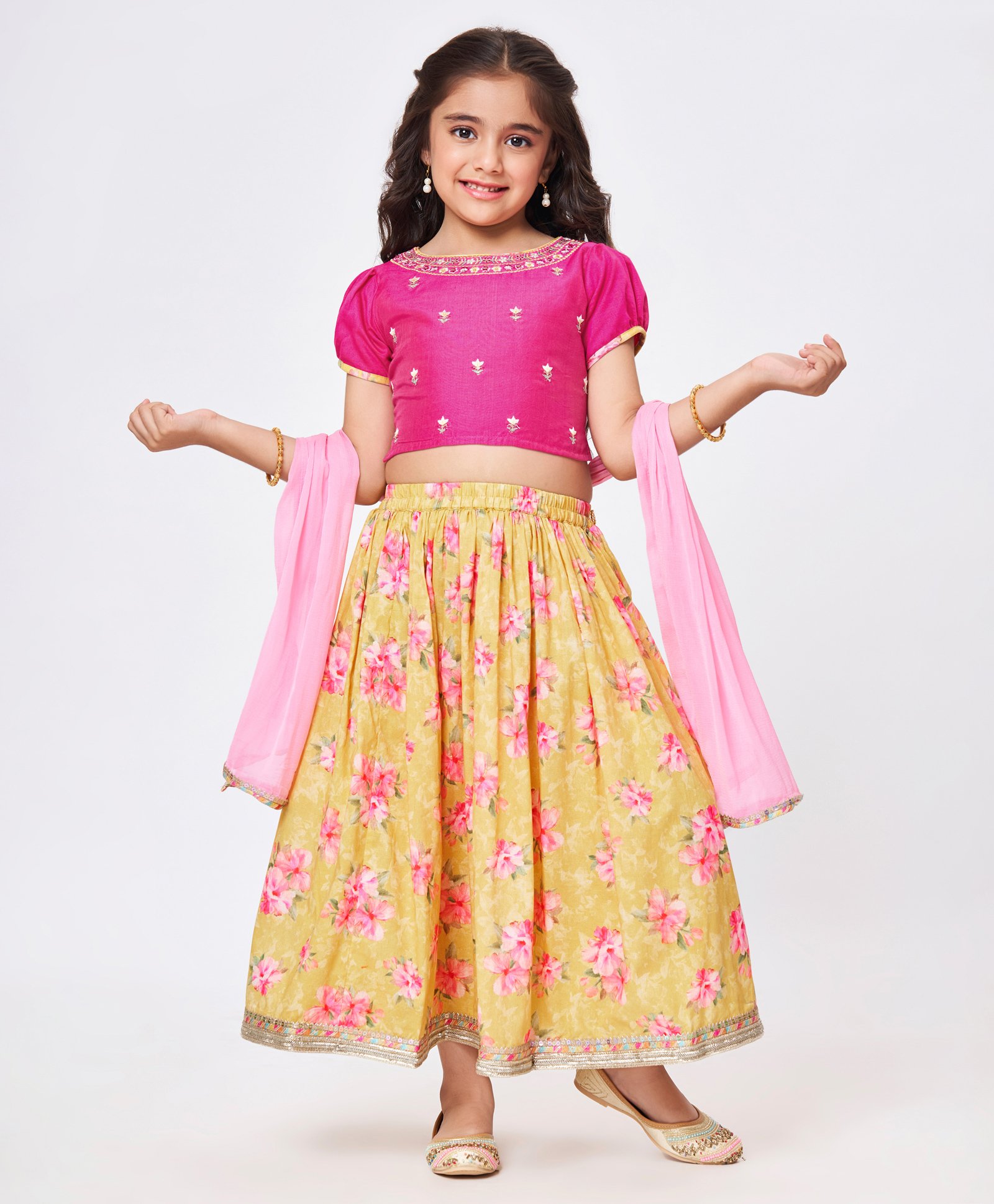 Babyhug Short Sleeves Embroidered Choli with Floral Print Lehenga and Dupatta Set- Yellow-image-27