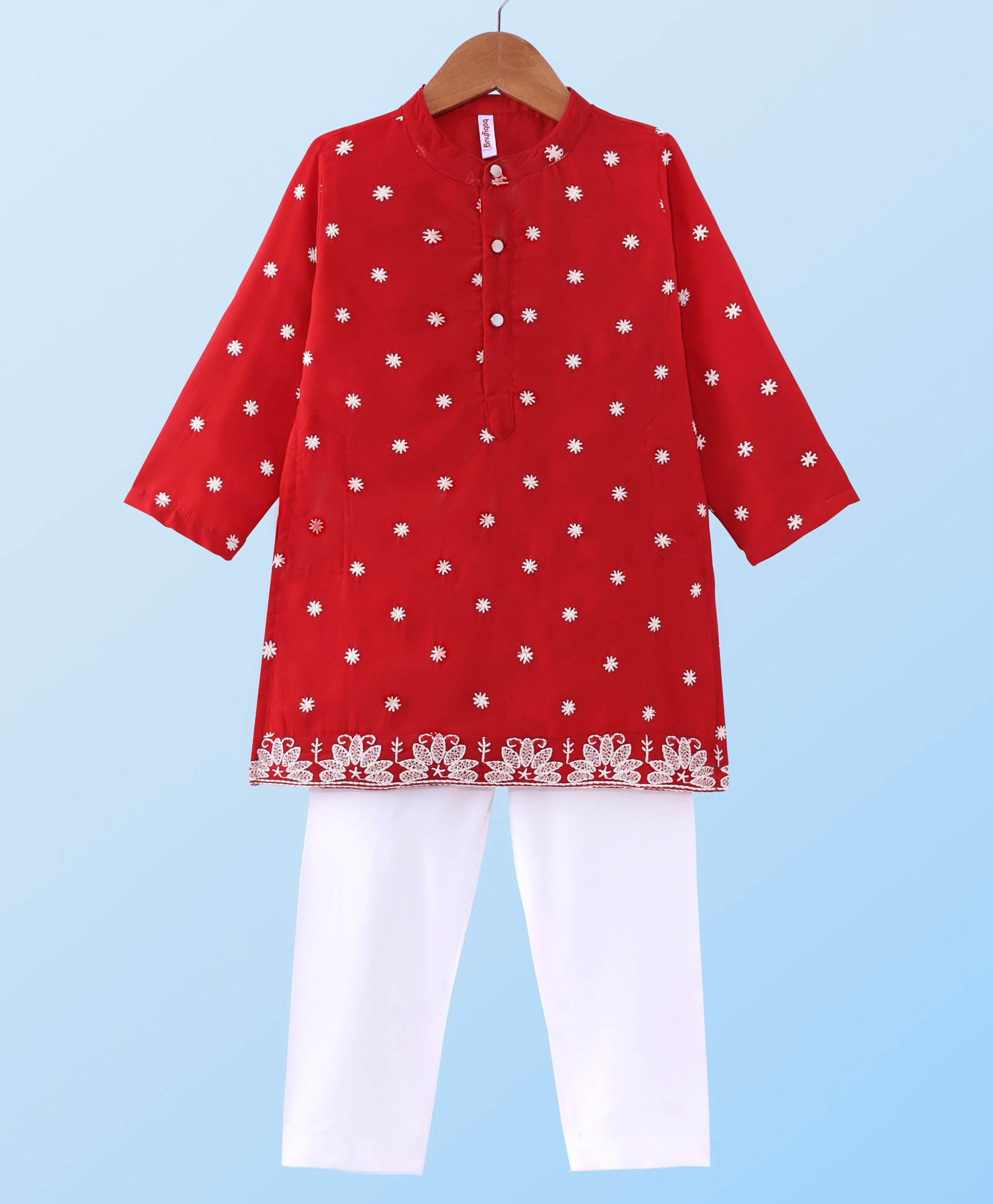 Babyhug Georgette Woven Full Sleeves Floral Embroidered Kurta & Pyjama Set - Red-image-34