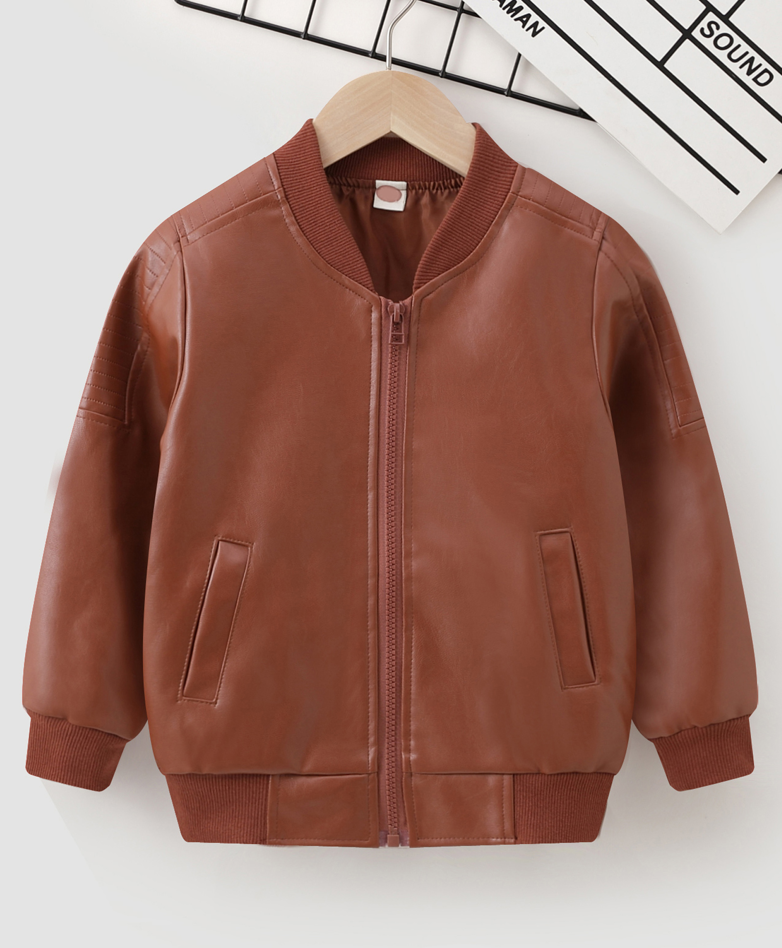 Kookie Kids Full Sleeves Solid Leather Jacket - Brown-image-8
