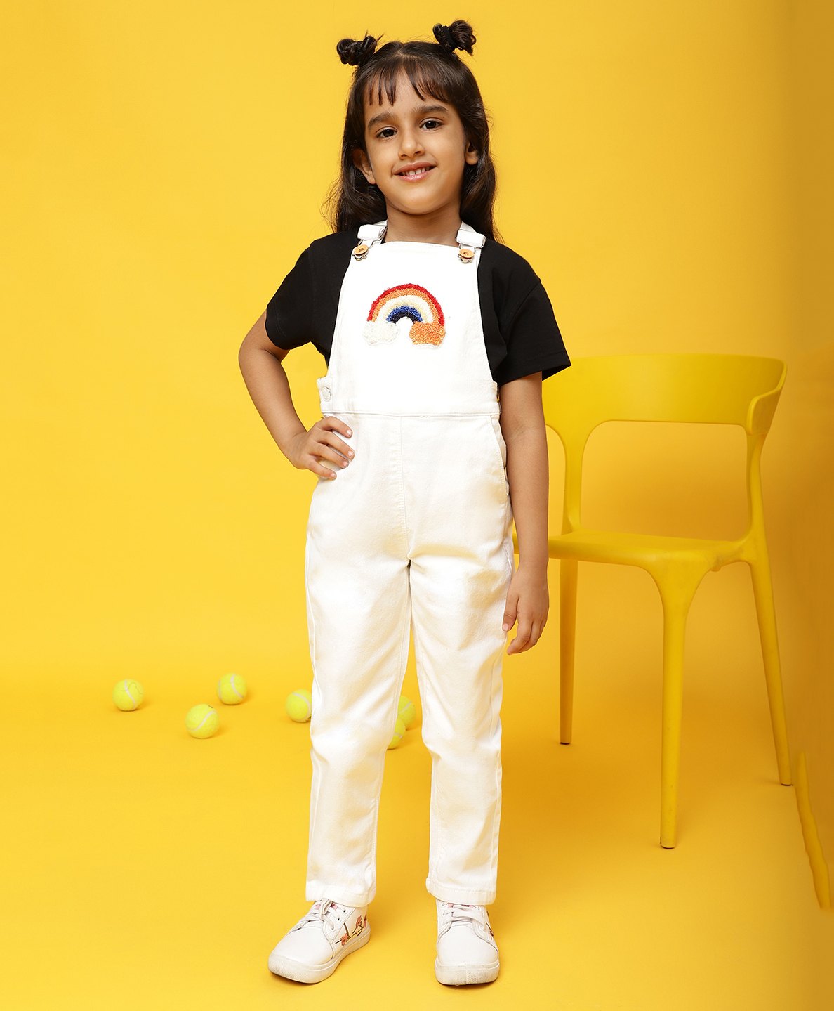 Tales & Stories Lycra Rainbow Embroidered Dungaree - White-picture-15