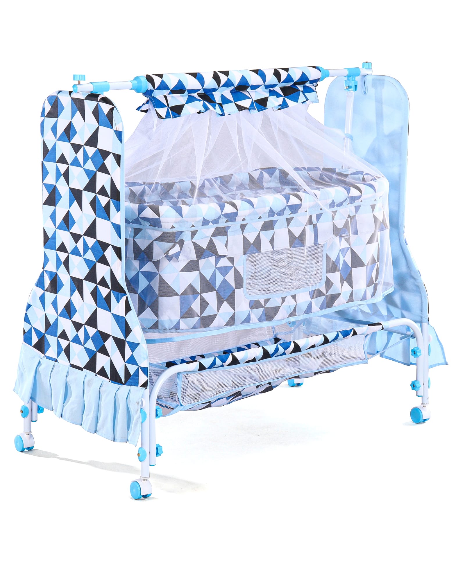 Folding Cradle with Mosquito Net & Wheels - Blue-image-30