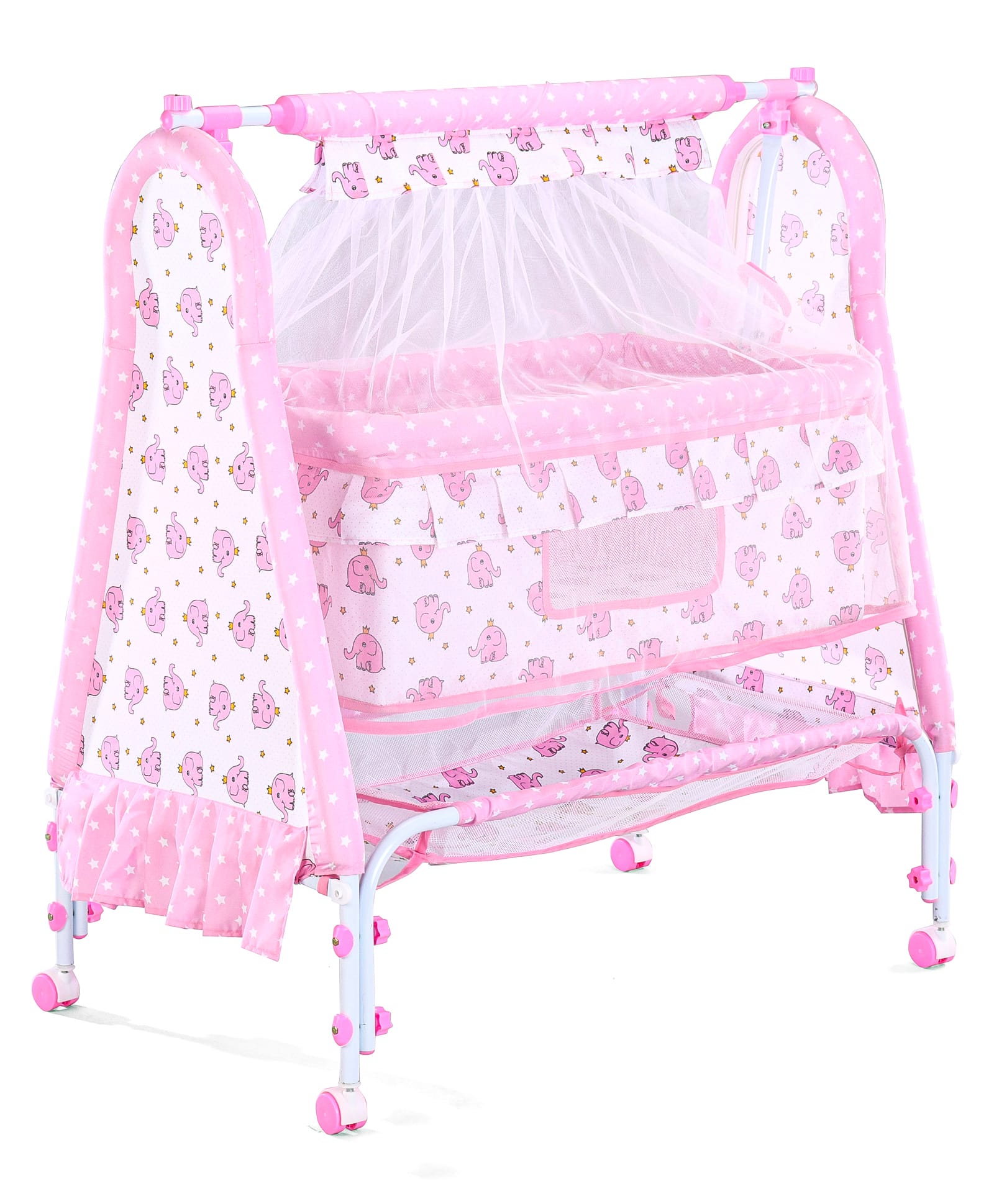 fab n funky Elephant Printed Folding Cradle with Mosquito Net & Wheels - Pink-picture-25