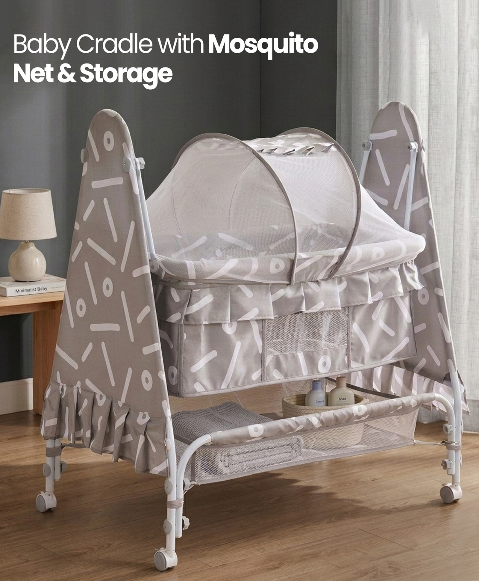fab n funky Baby Cradle With Mosquito Net & Storage - Grey-picture-20