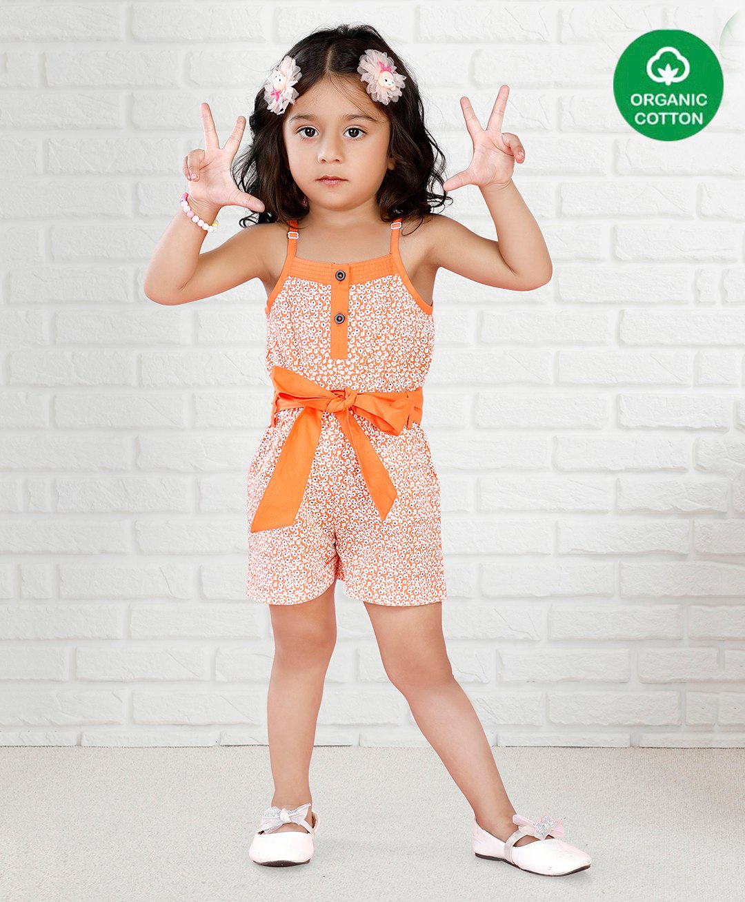 Nino Bambino Organic Cotton Sleeveless Floral Printed Jumpsuit - Orange-image-49